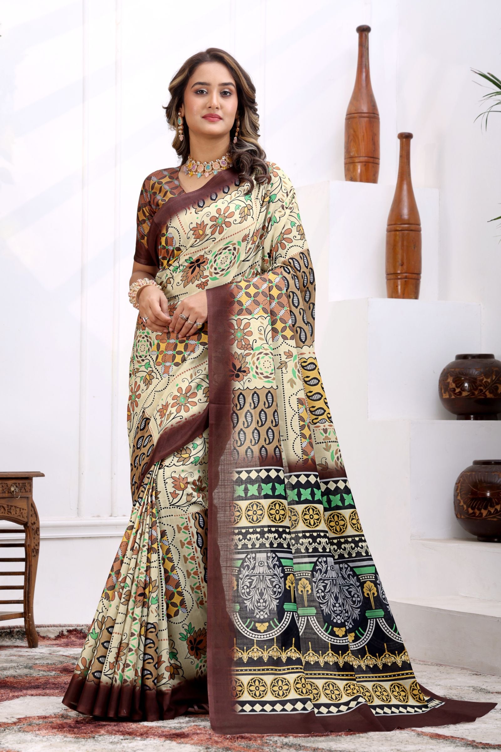 Kapila — Boho Style Cream and Brown Cotton Linen Saree