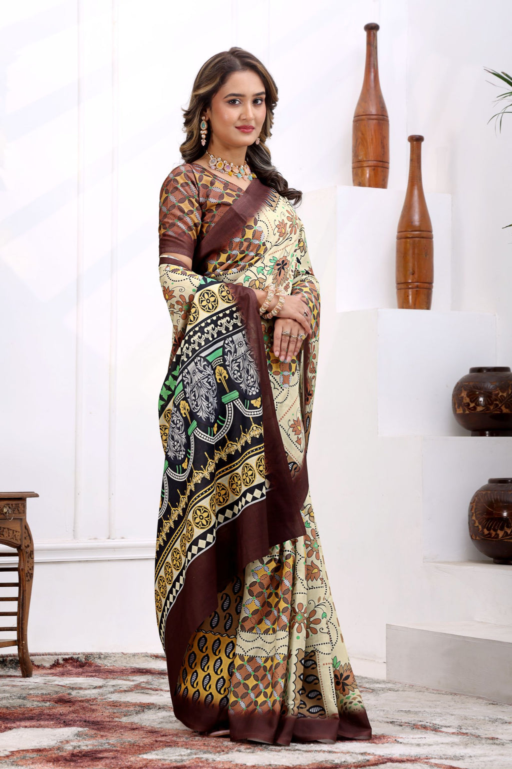 Kapila — Boho Style Cream and Brown Cotton Linen Saree