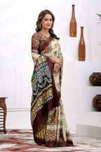 Kapila — Boho Style Cream and Brown Cotton Linen Saree