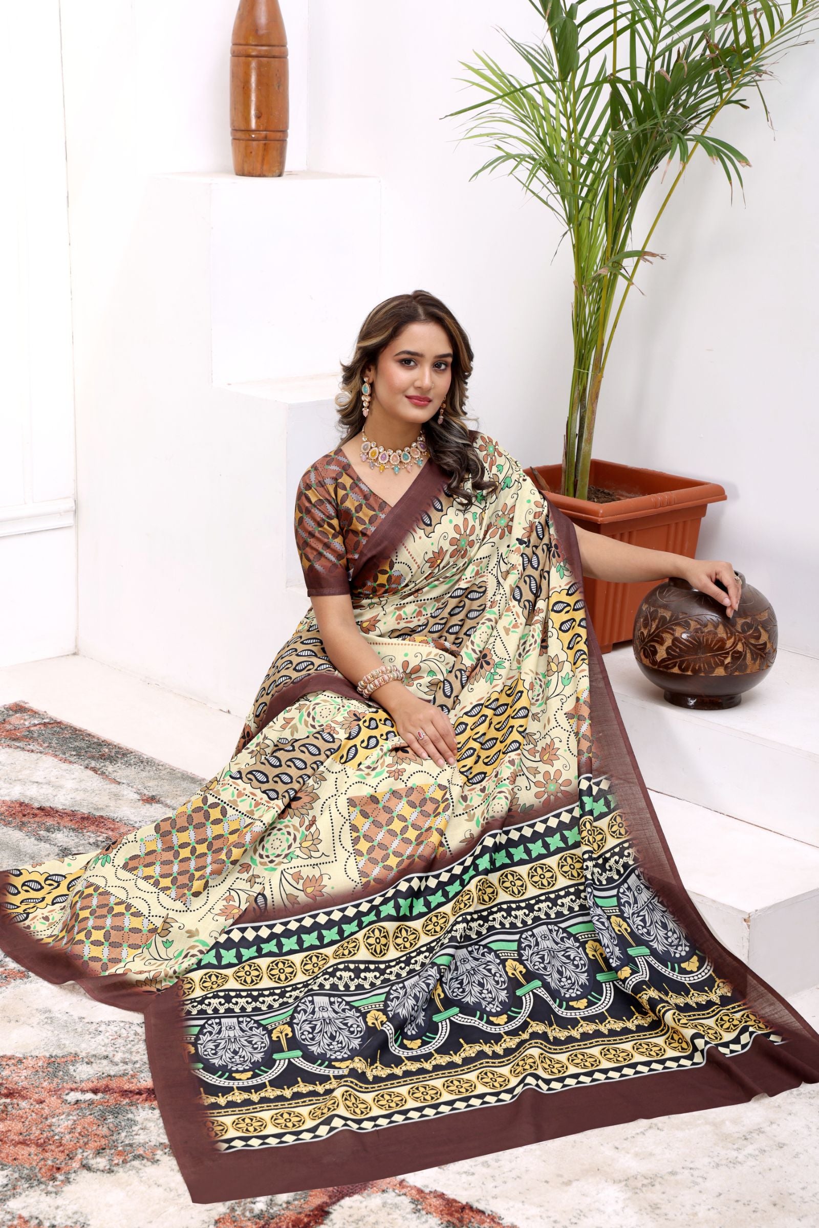 Kapila — Boho Style Cream and Brown Cotton Linen Saree