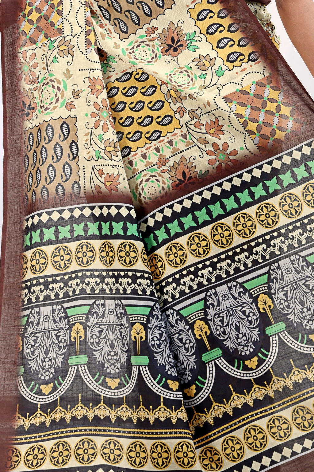 Kapila — Boho Style Cream and Brown Cotton Linen Saree