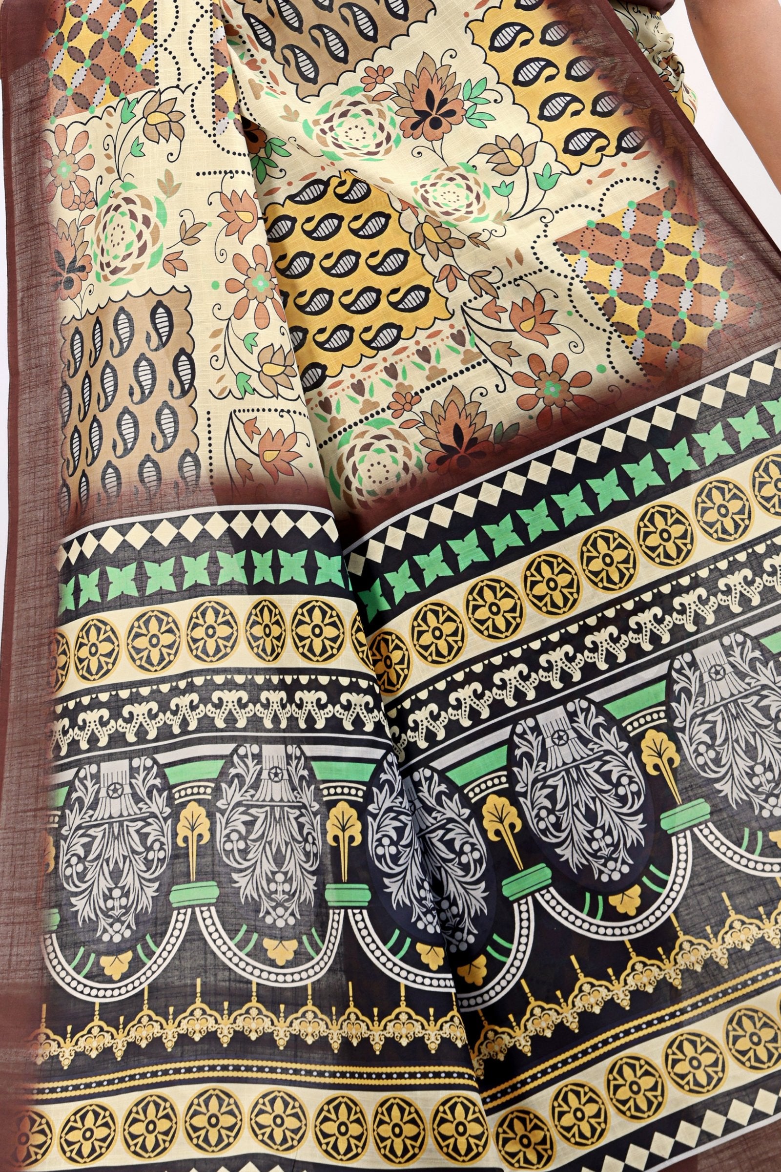 Kapila — Boho Style Cream and Brown Cotton Linen Saree
