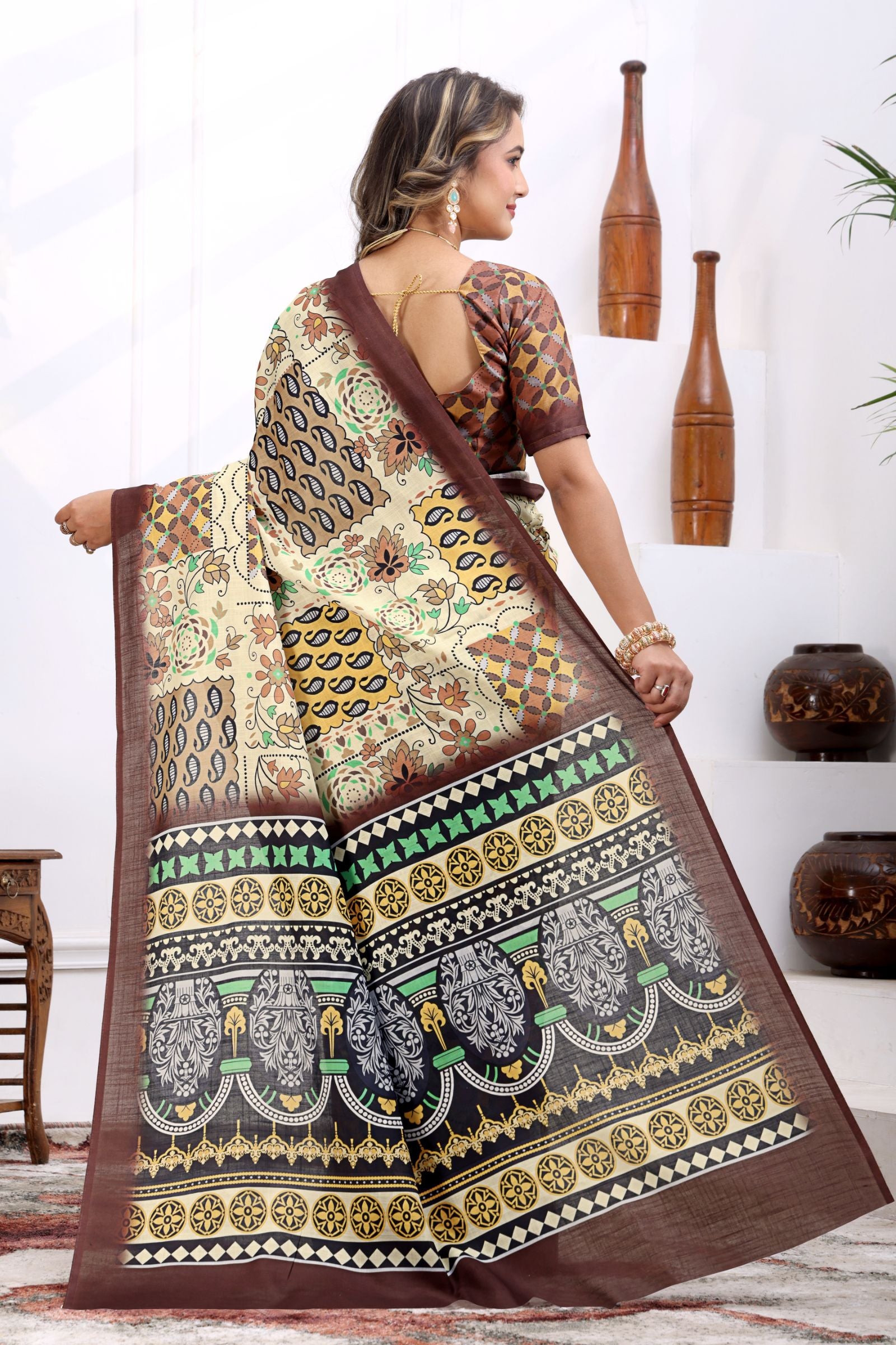 Kapila — Boho Style Cream and Brown Cotton Linen Saree