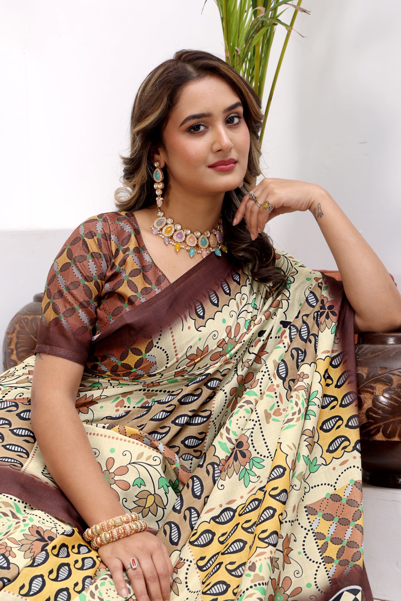 Kapila — Boho Style Cream and Brown Cotton Linen Saree