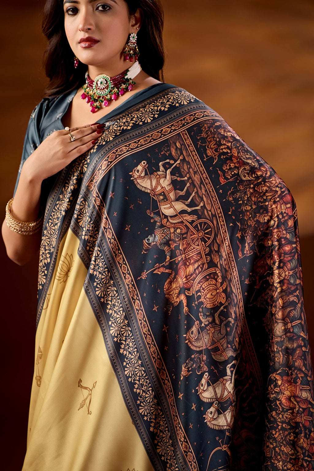 Krukshetra — Mahabharat Heritage Japan Satin Saree