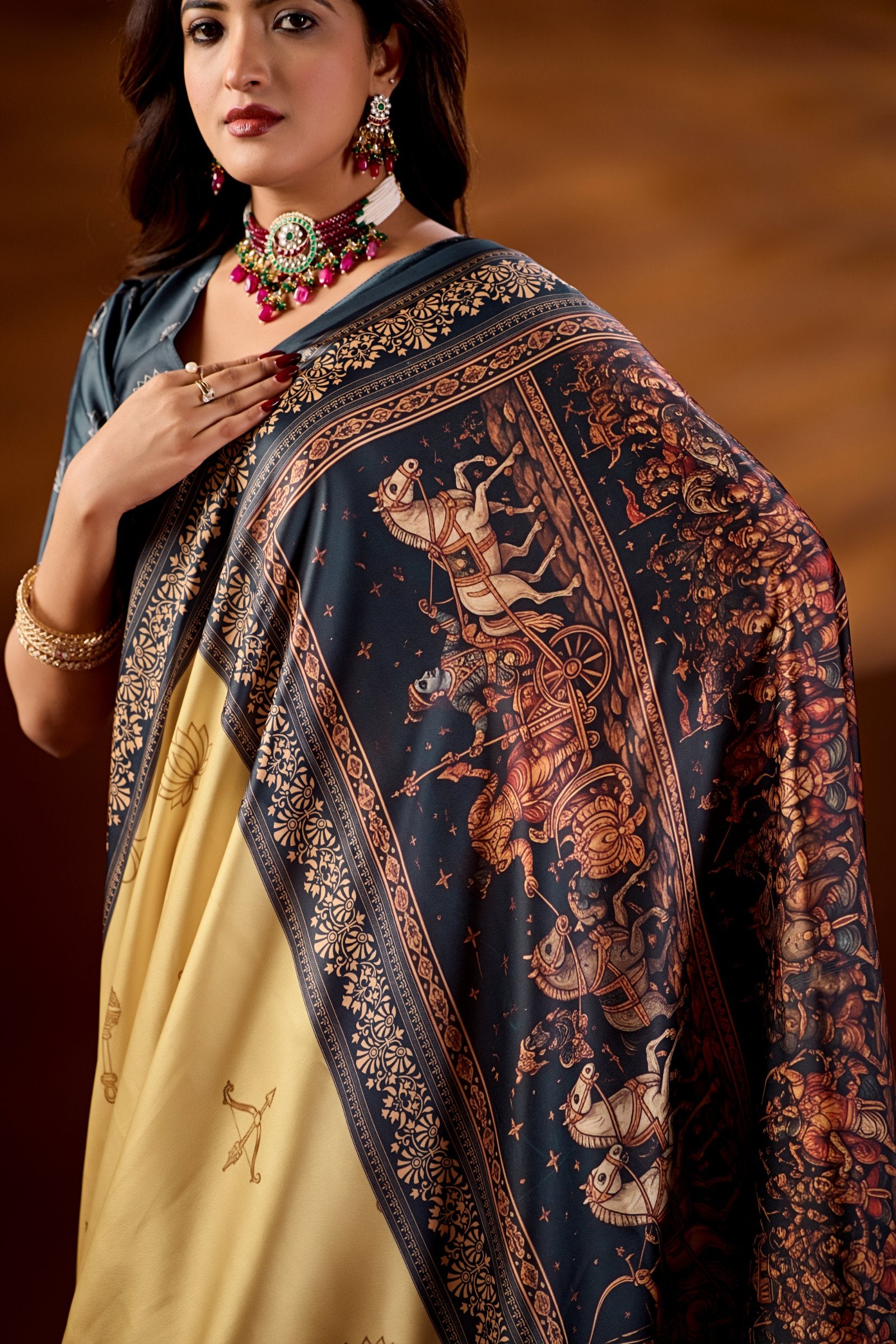 Krukshetra — Mahabharat Heritage Japan Satin Saree