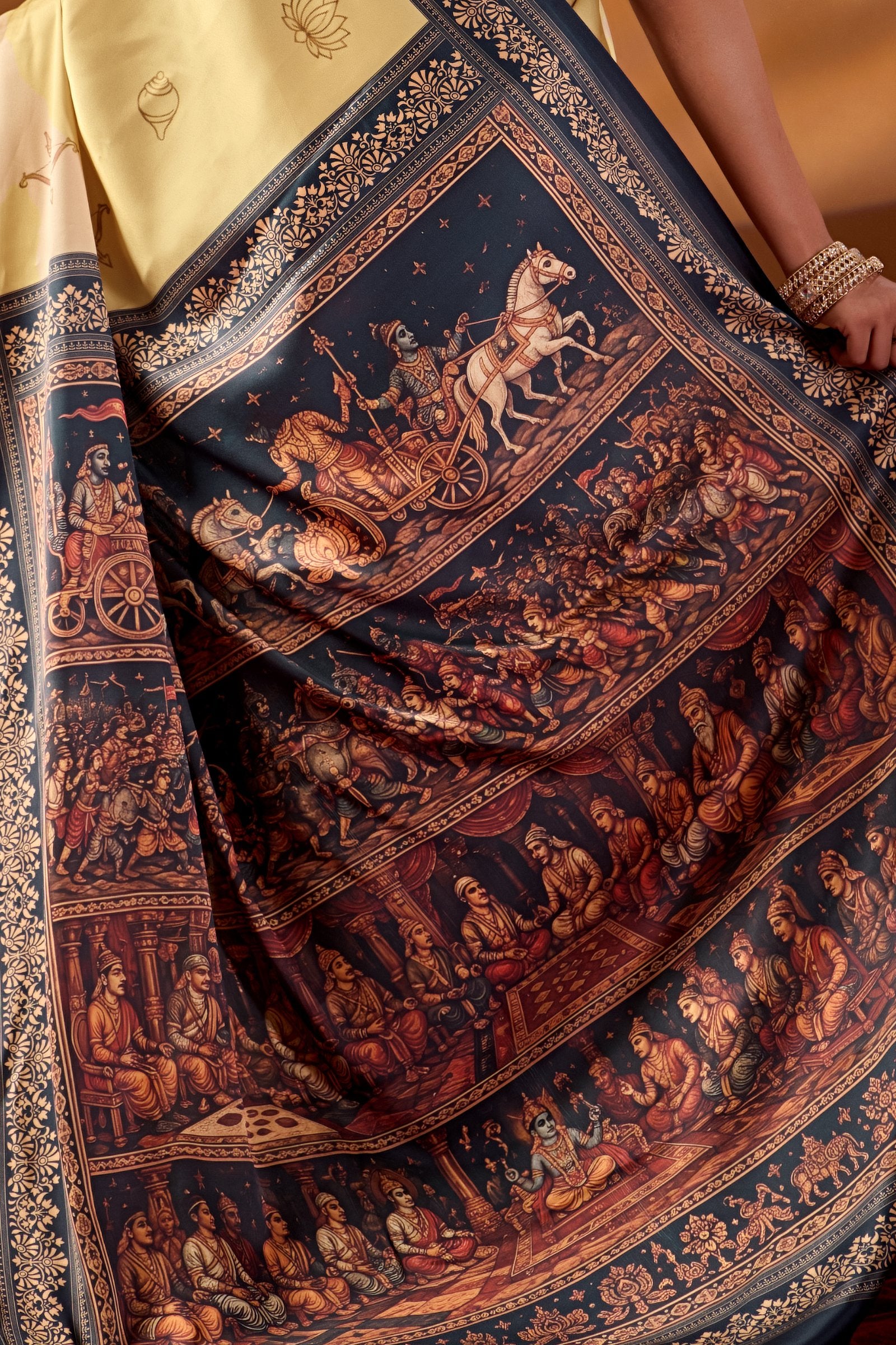 Krukshetra — Mahabharat Heritage Japan Satin Saree