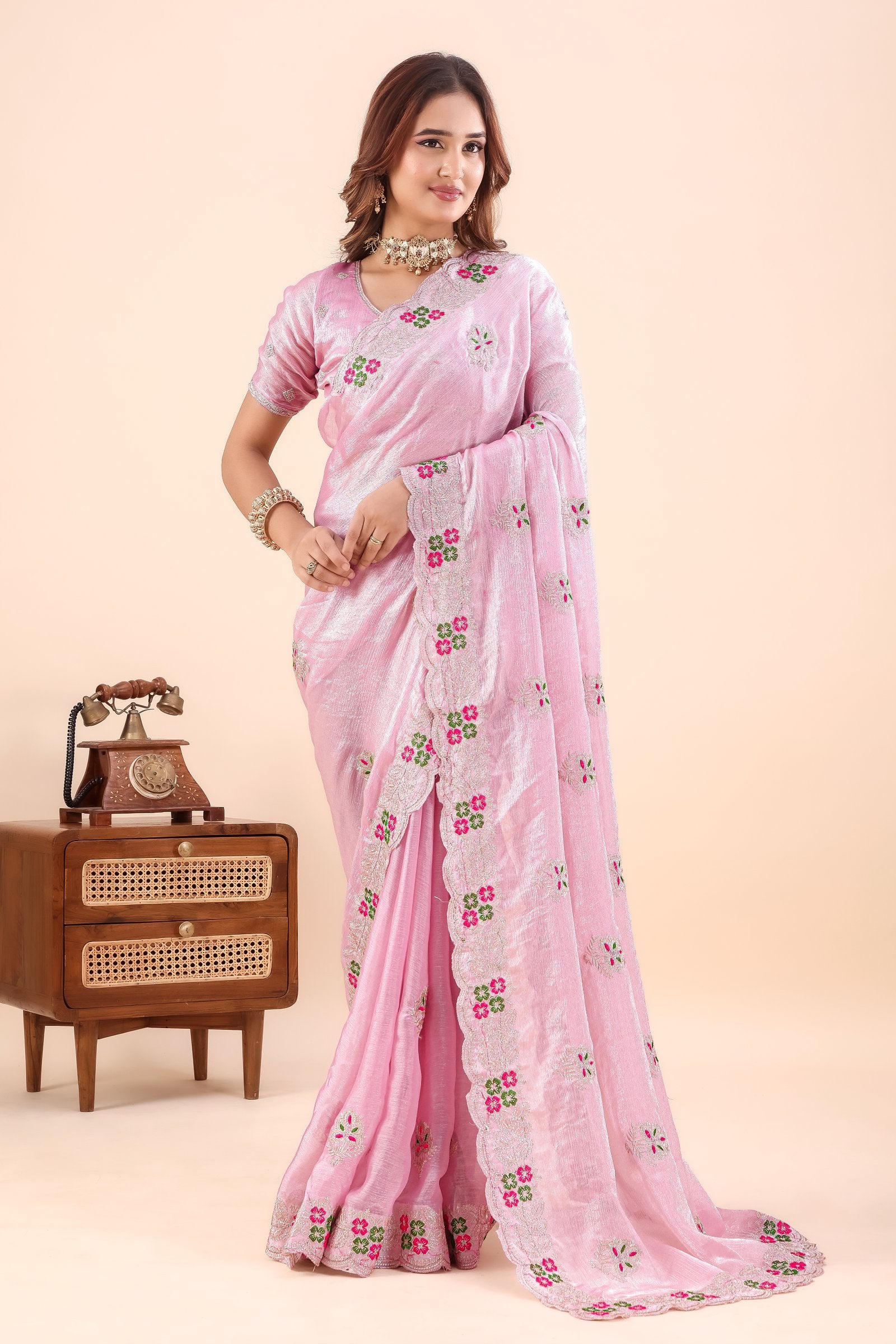 Kusumita — Pink Chiffon Floral Embroidered Saree