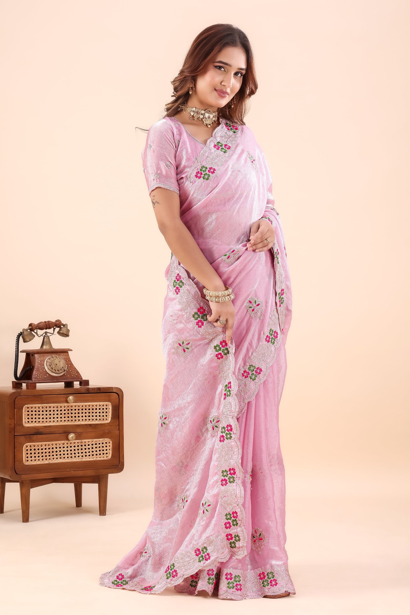Kusumita — Pink Chiffon Floral Embroidered Saree
