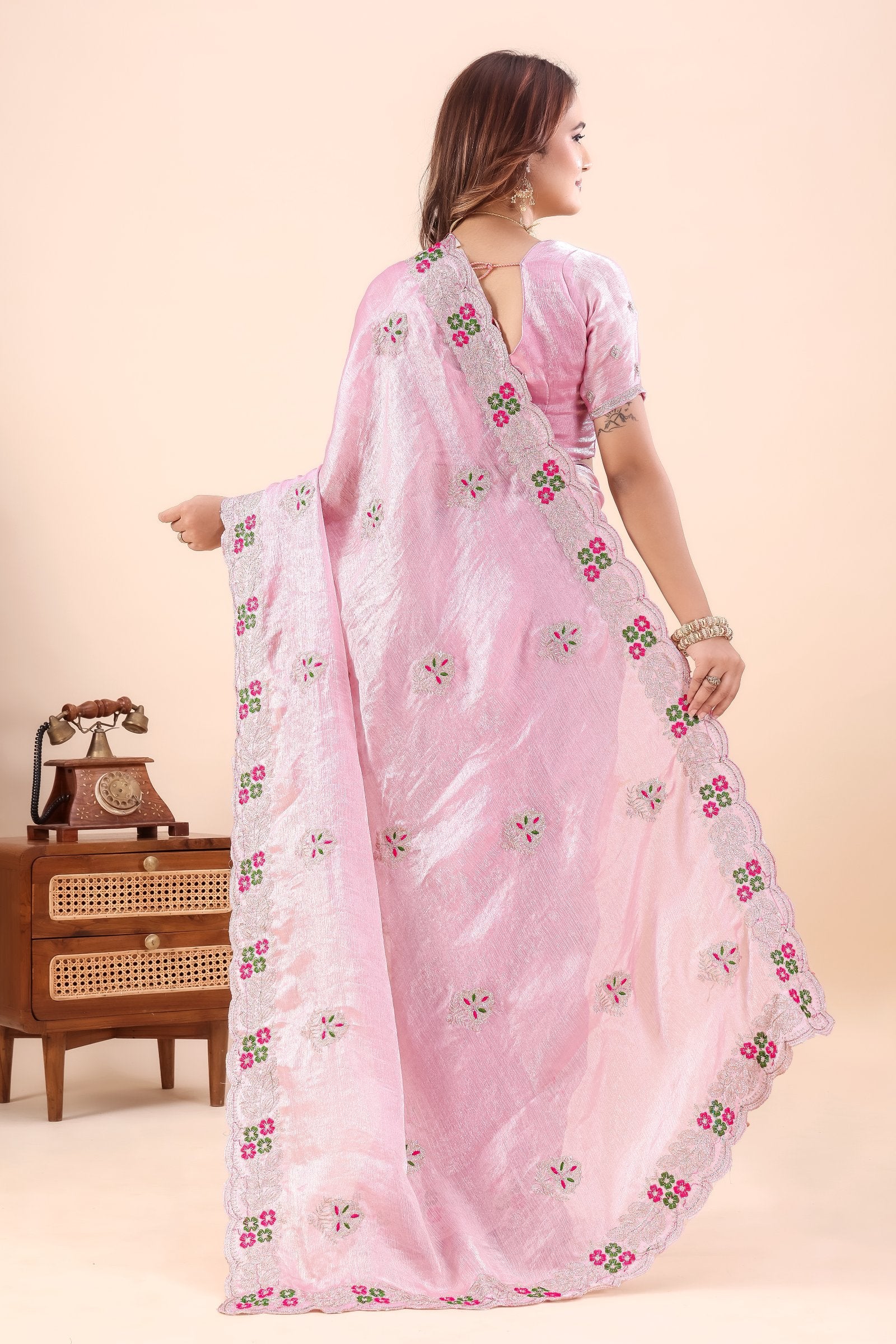 Kusumita — Pink Chiffon Floral Embroidered Saree