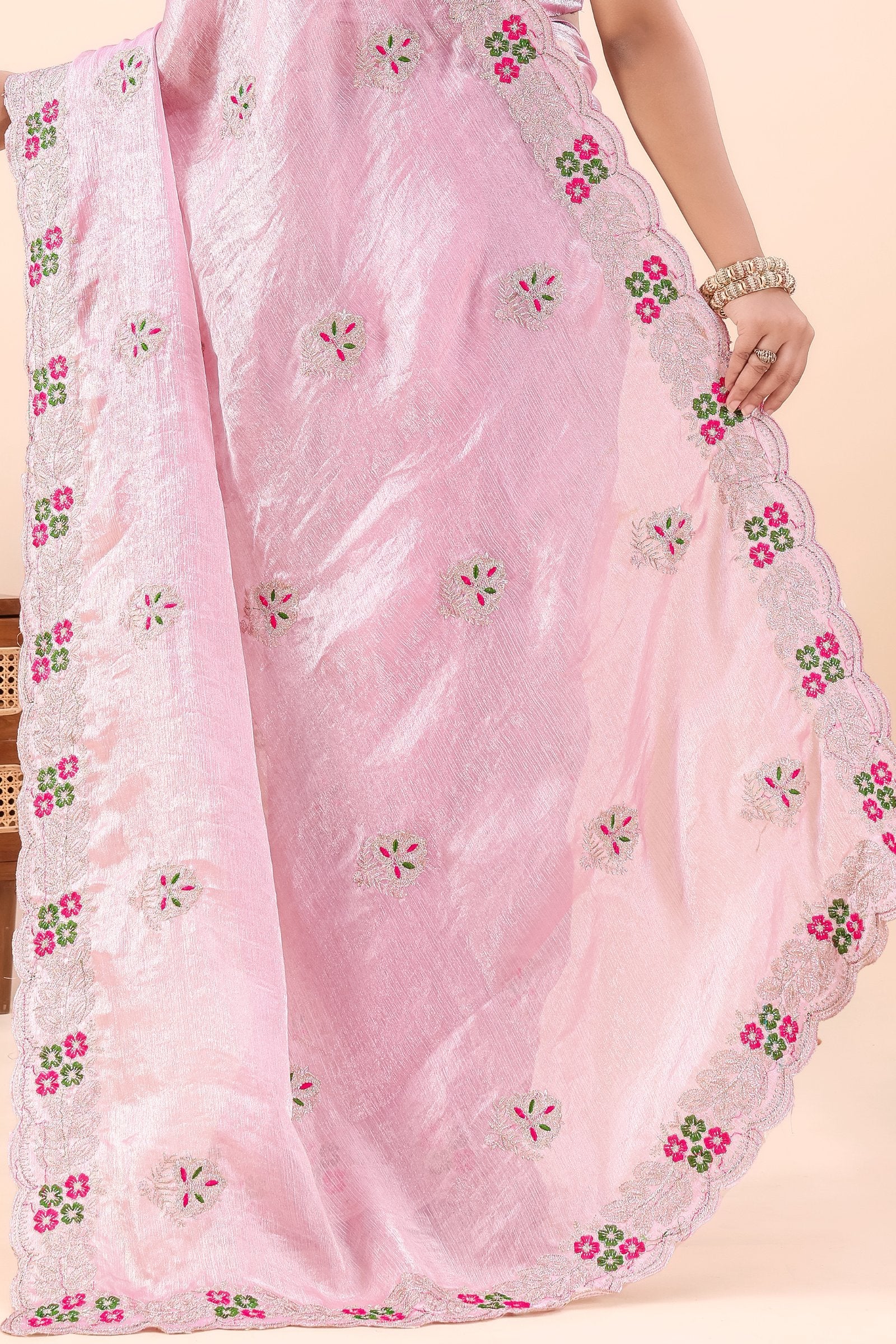 Kusumita — Pink Chiffon Floral Embroidered Saree