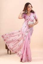 Kusumita — Pink Chiffon Floral Embroidered Saree