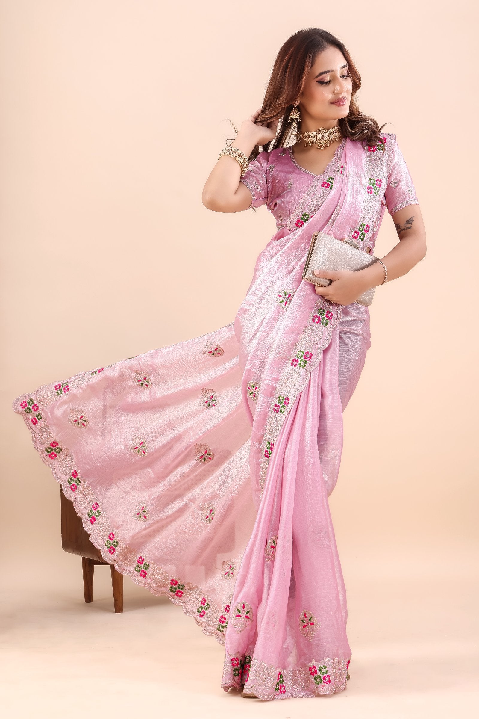 Kusumita — Pink Chiffon Floral Embroidered Saree