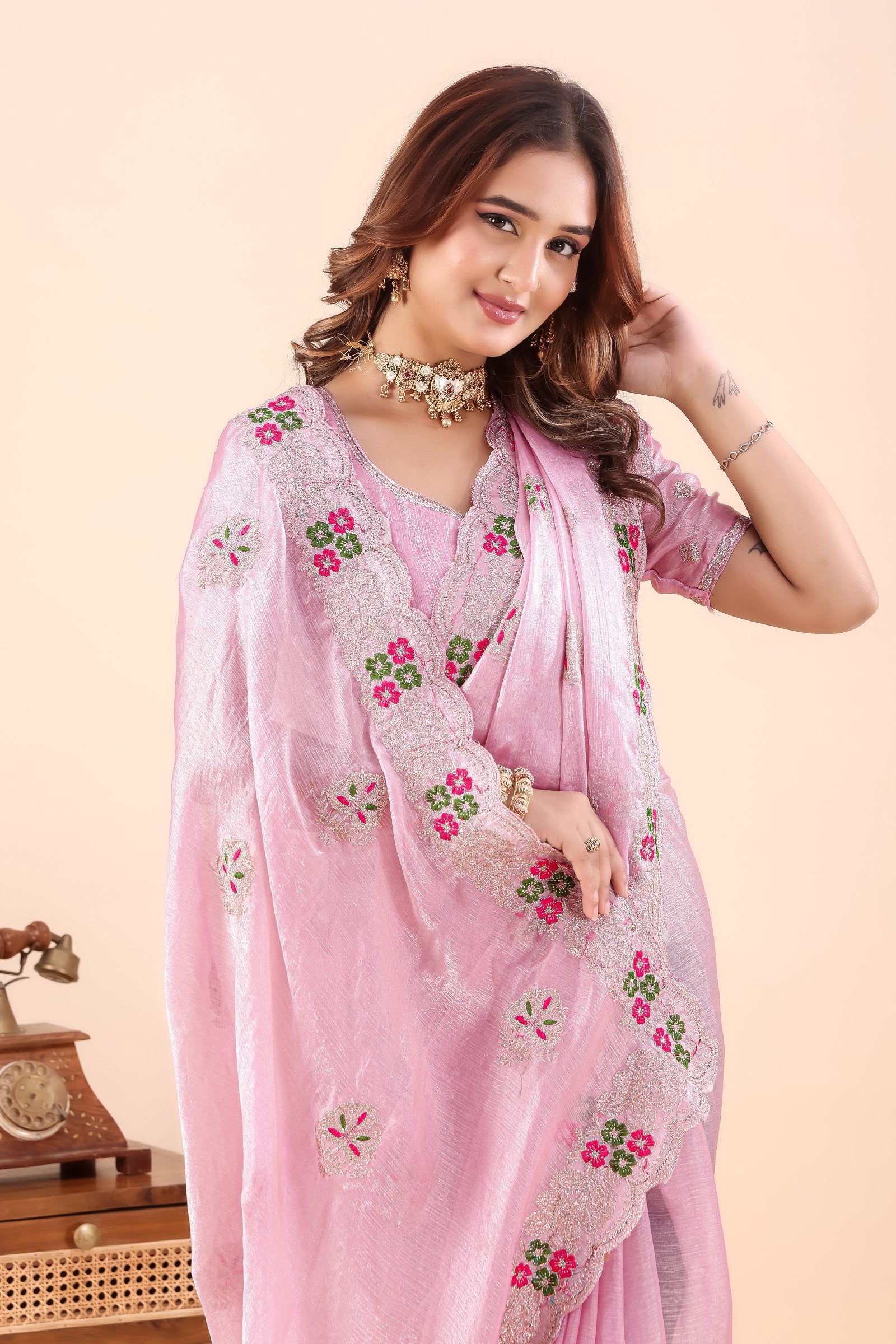 Kusumita — Pink Chiffon Floral Embroidered Saree