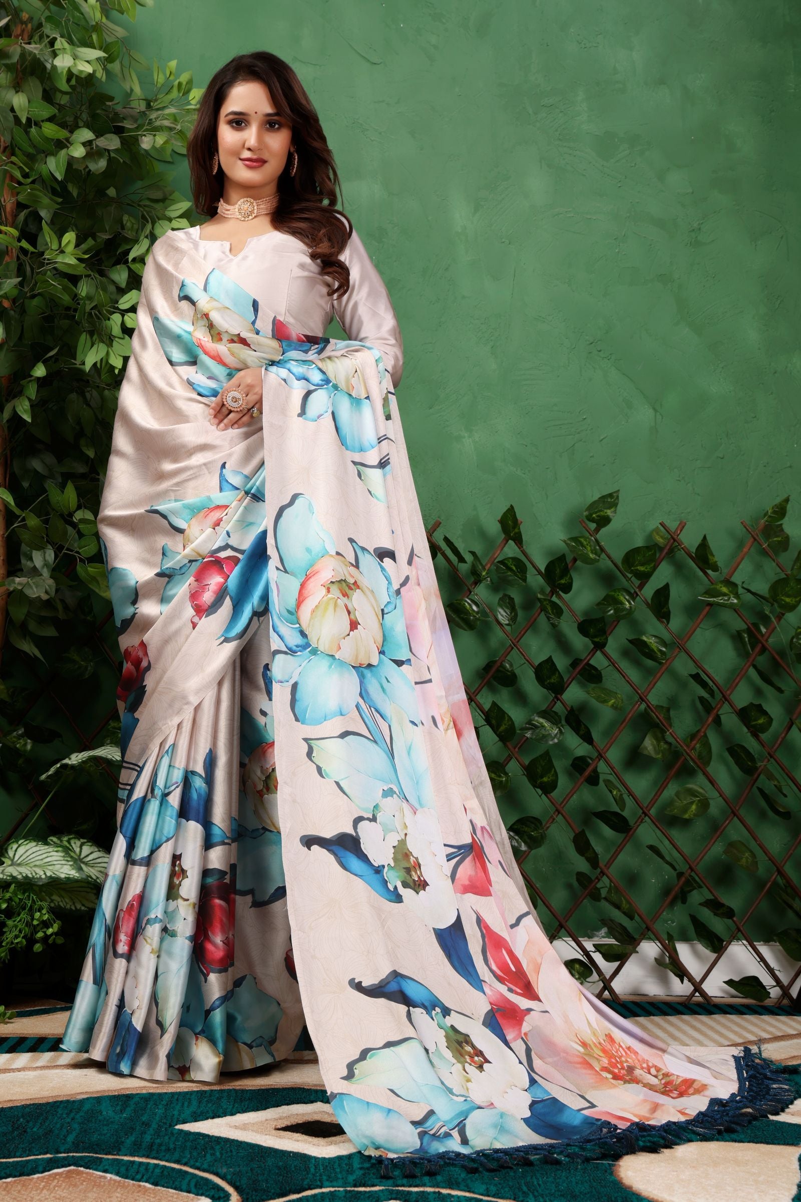 Lavanya — Cream Colourful Floral Gaji Silk Saree