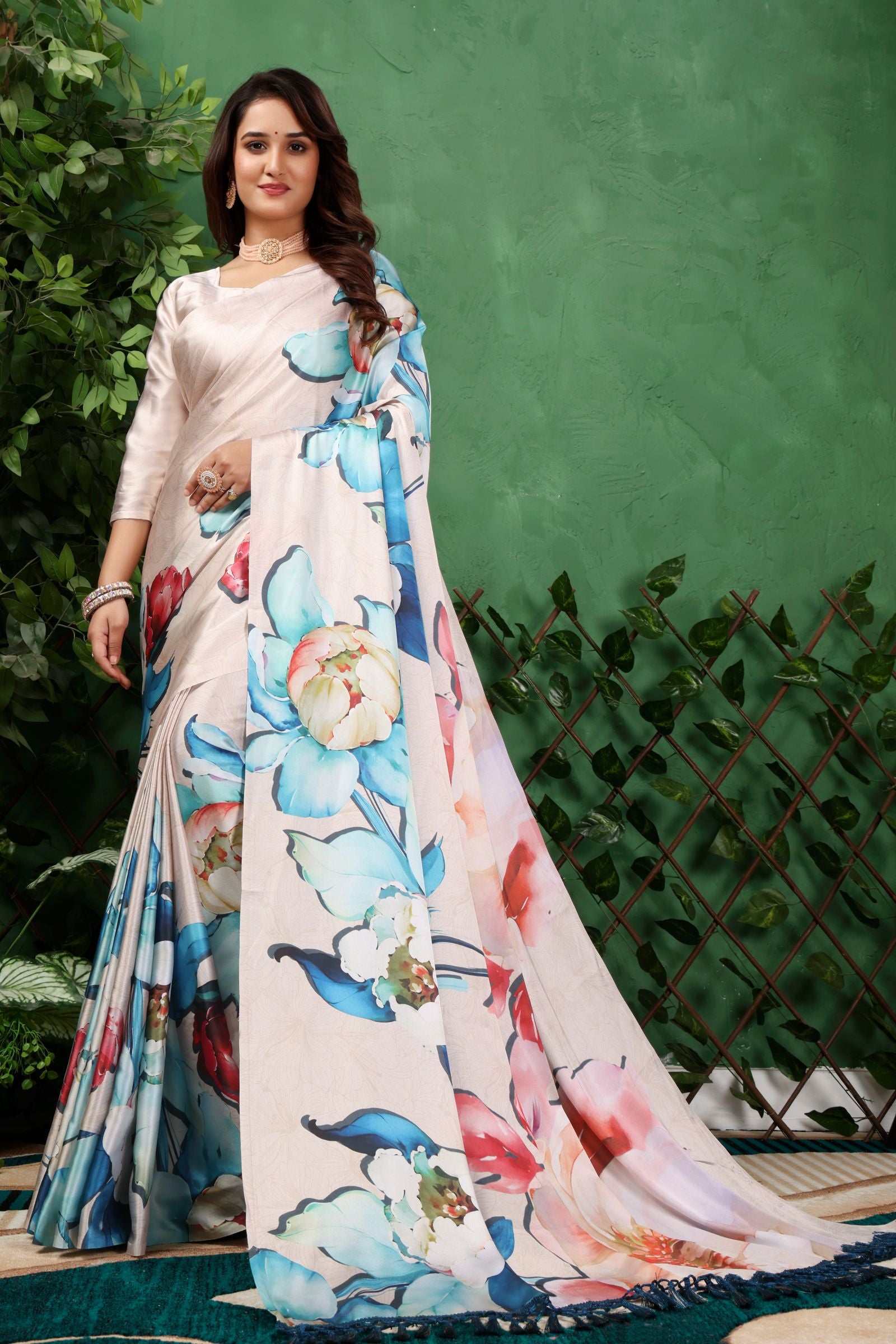 Lavanya — Cream Colourful Floral Gaji Silk Saree