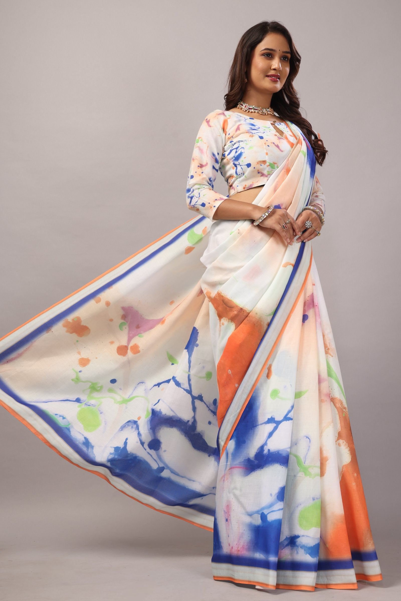 Lekhika — Multicolor Splash Mull Cotton Saree