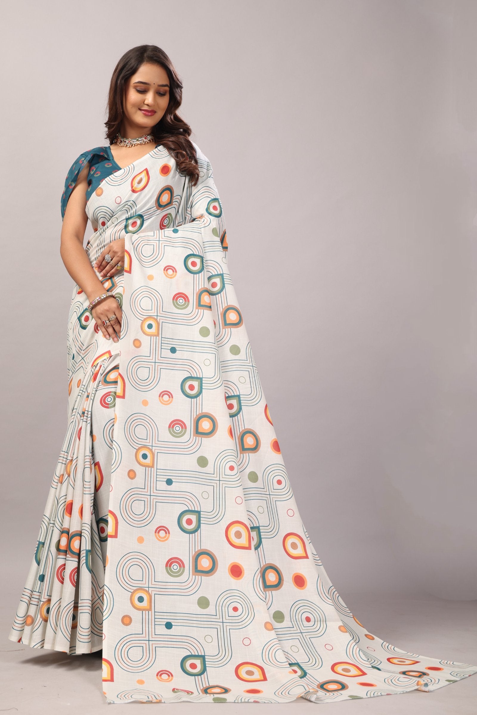 Manjari — Geometric Pattern Cotton Linen Saree