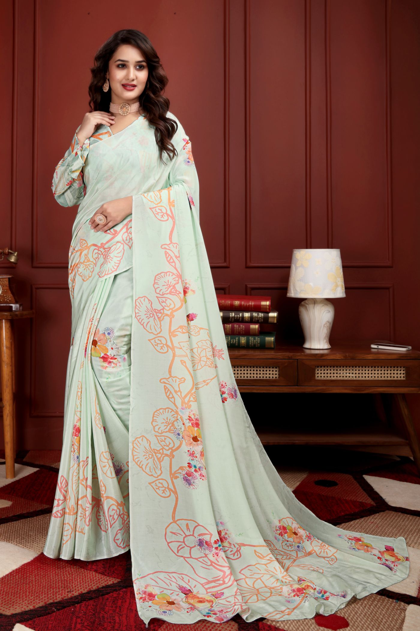 Kavyaa — Mint Green Liva Floral Artistic Saree