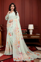 Kavyaa — Mint Green Liva Floral Artistic Saree