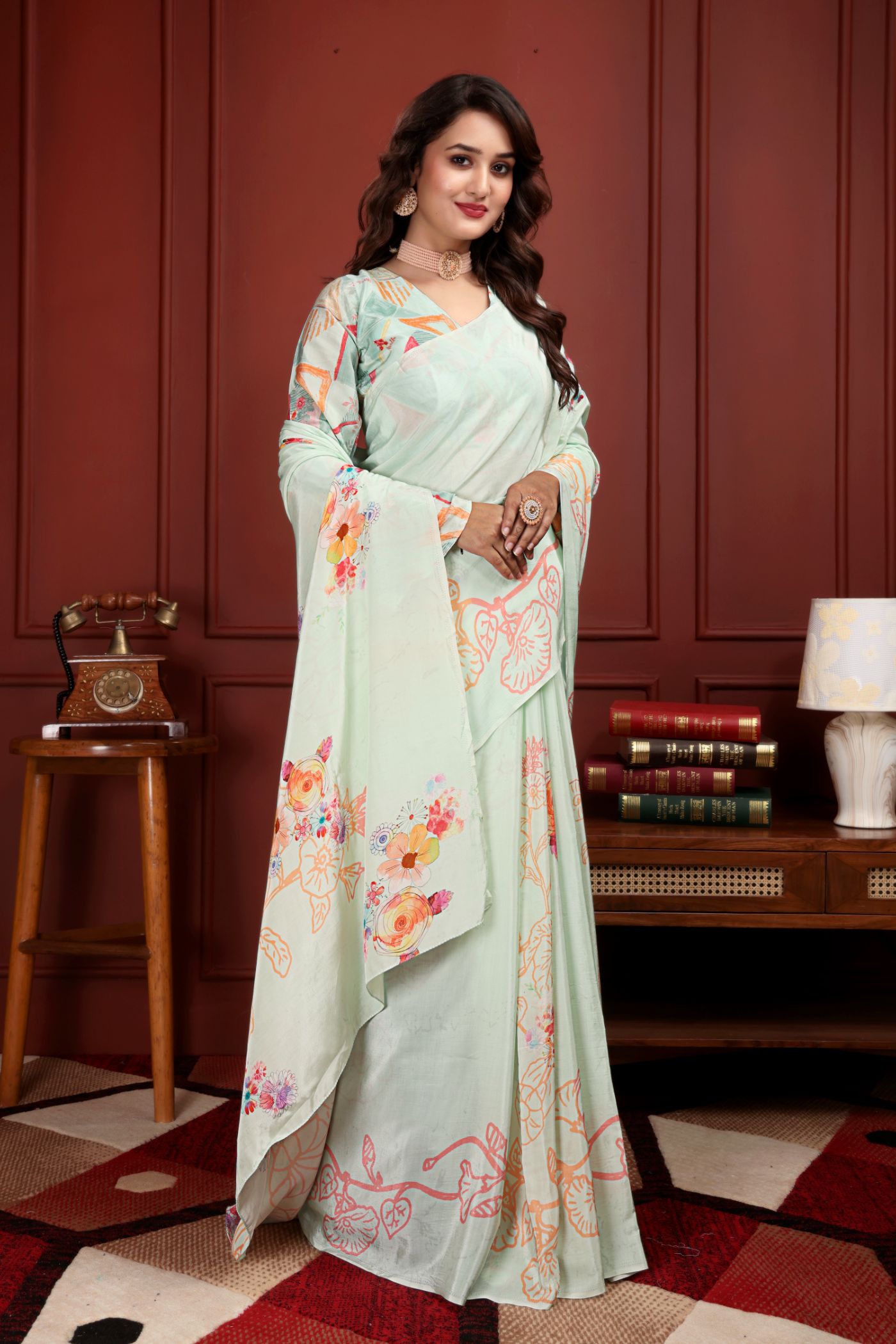 Kavyaa — Mint Green Liva Floral Artistic Saree