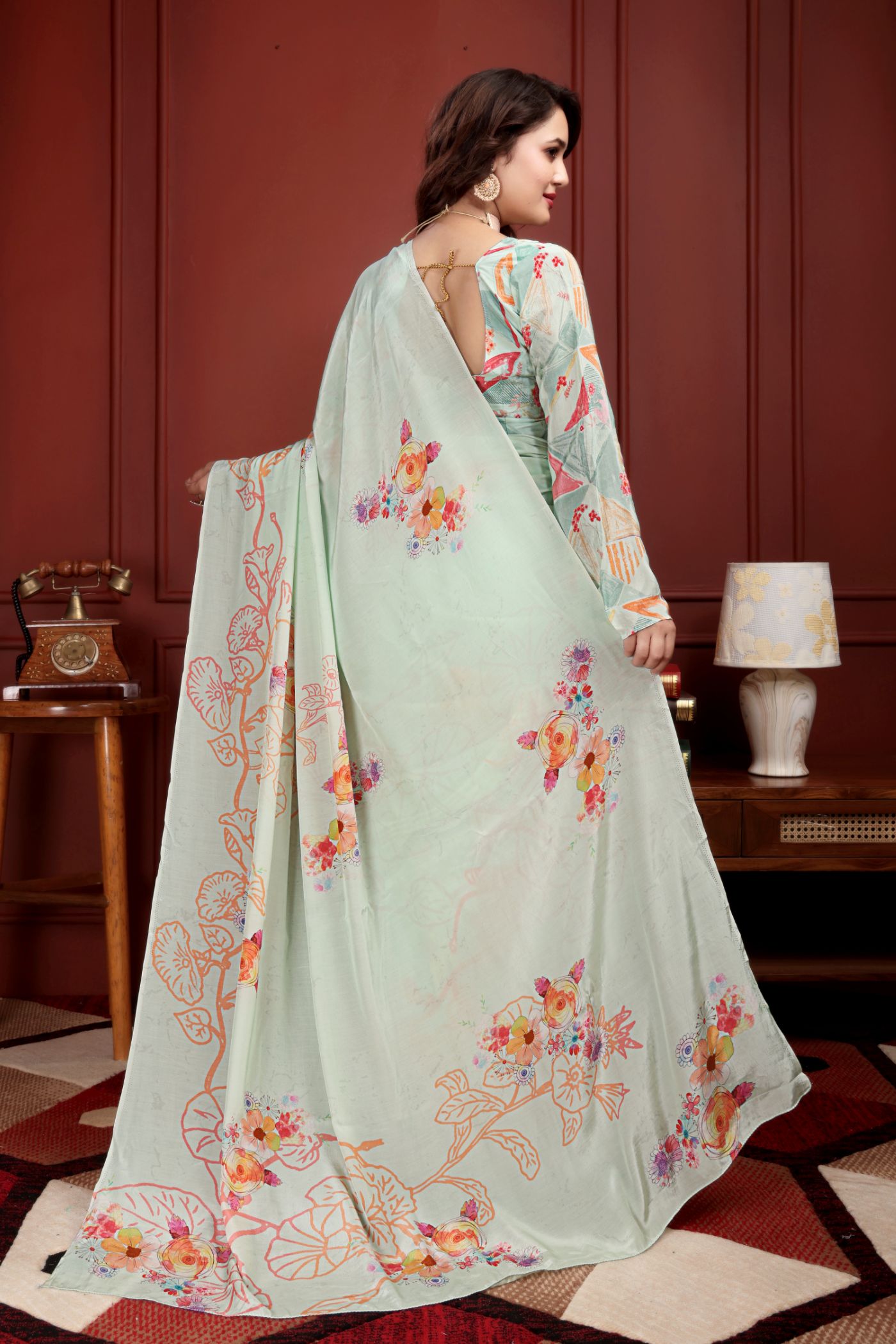 Kavyaa — Mint Green Liva Floral Artistic Saree