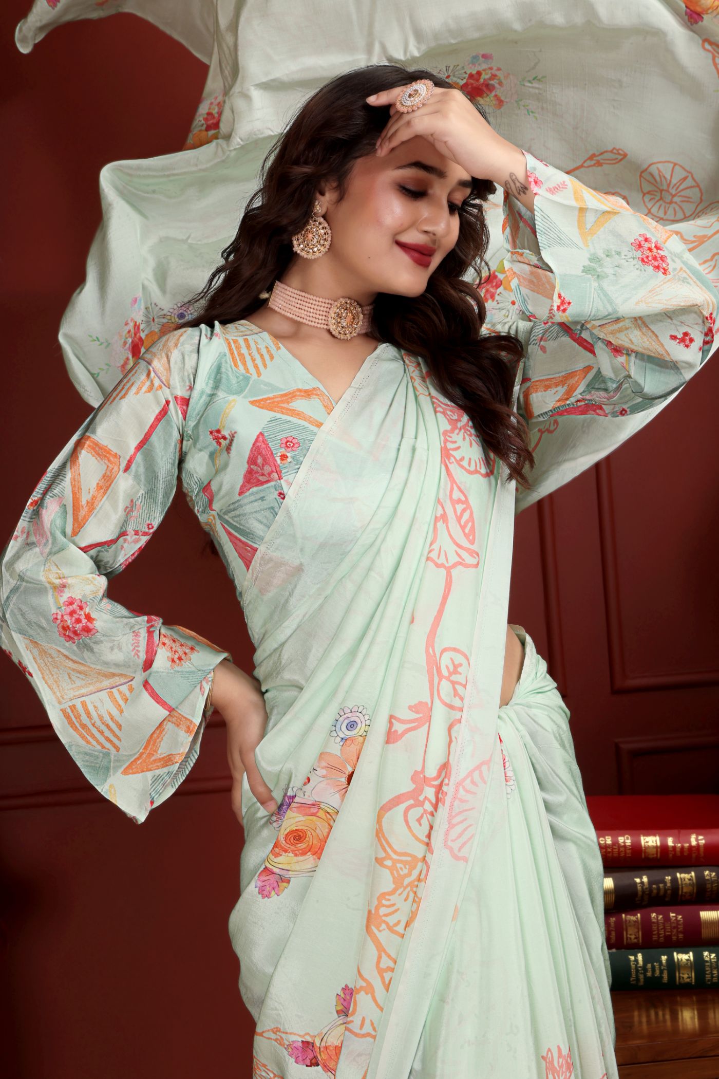 Kavyaa — Mint Green Liva Floral Artistic Saree