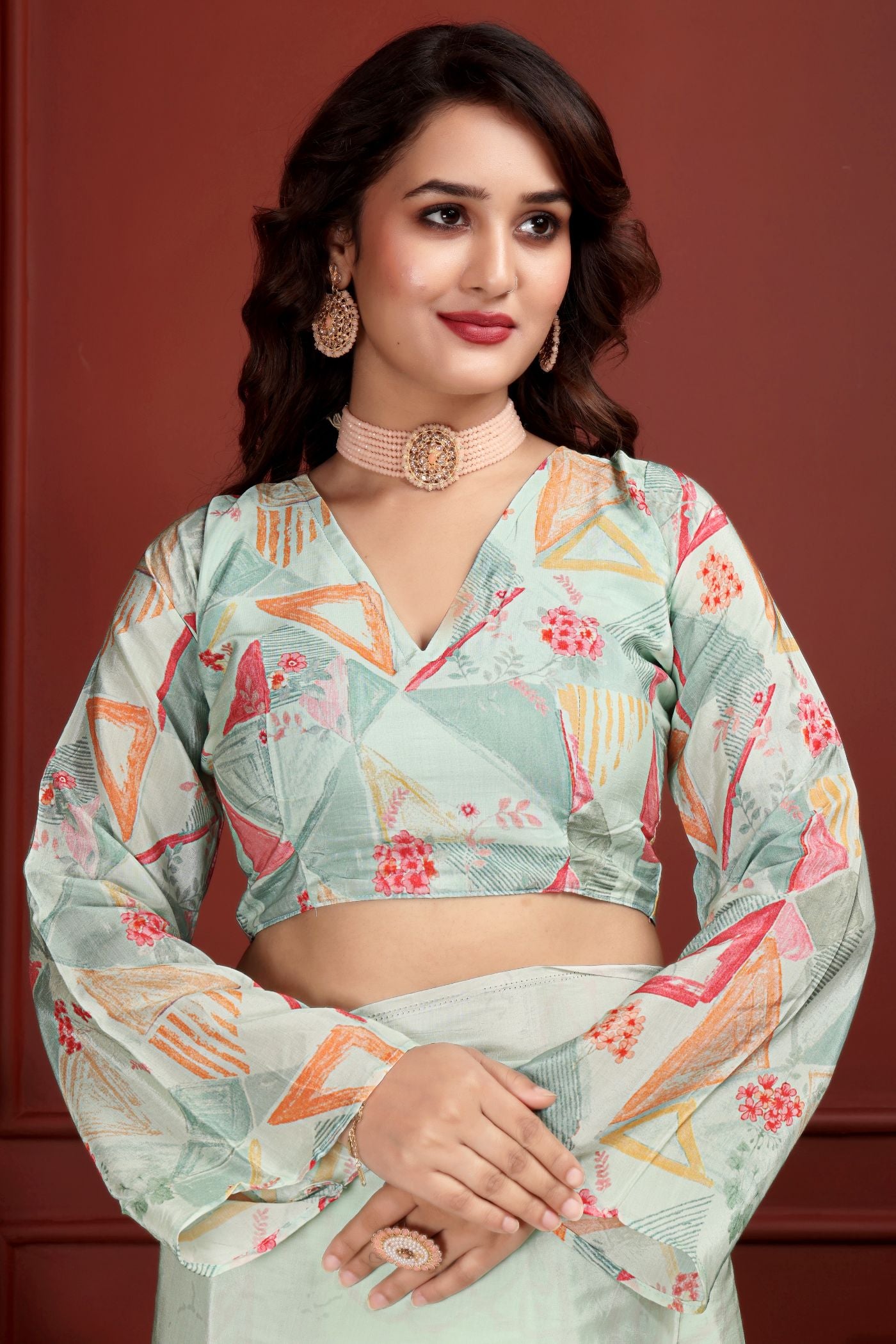 Kavyaa — Mint Green Liva Floral Artistic Saree