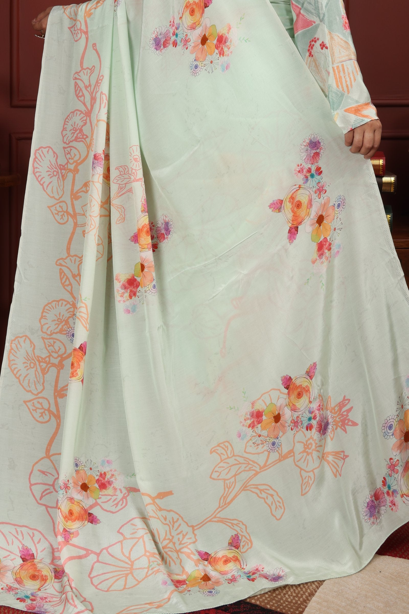 Kavyaa — Mint Green Liva Floral Artistic Saree