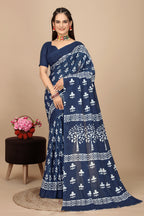 Akriti — Soft Indigo White Tree Motif Cotton Saree