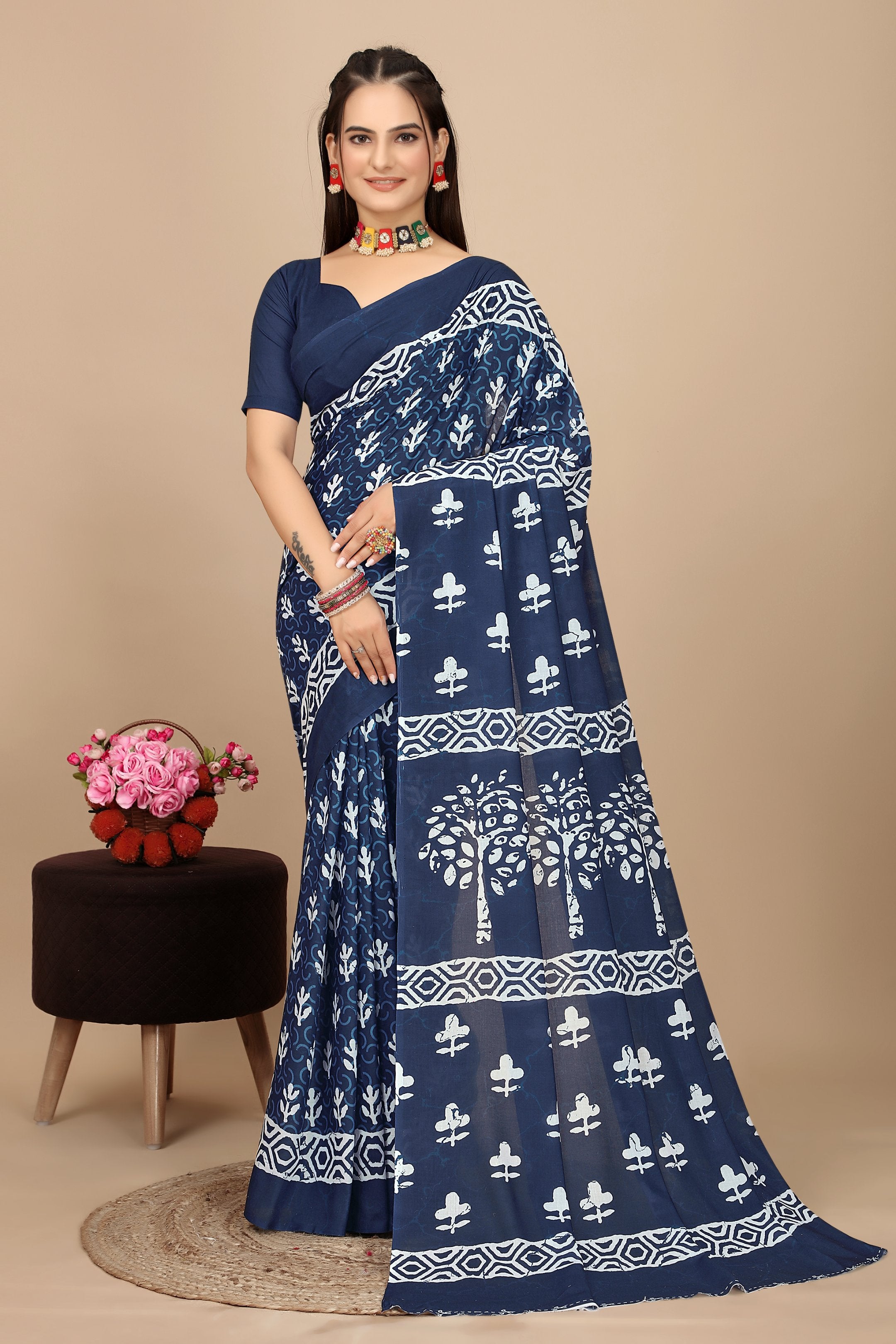 Akriti — Soft Indigo White Tree Motif Cotton Saree
