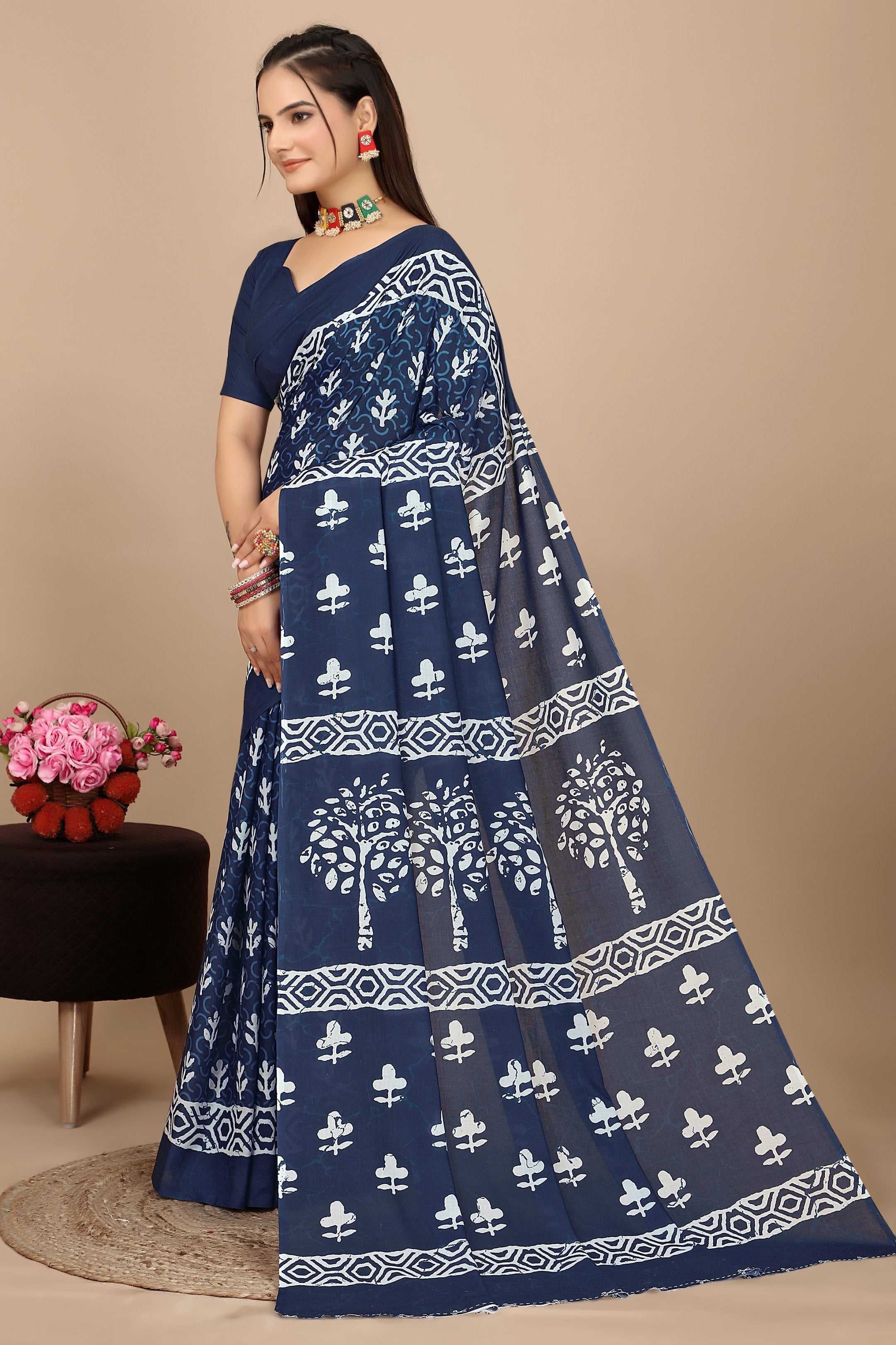 Akriti — Soft Indigo White Tree Motif Cotton Saree