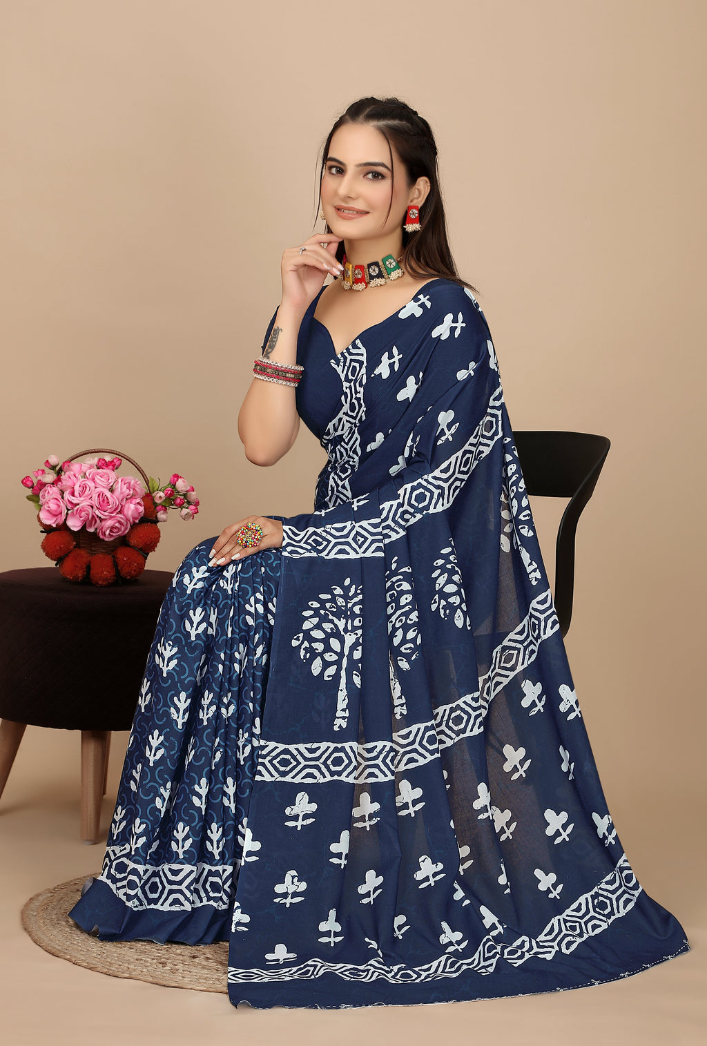 Akriti — Soft Indigo White Tree Motif Cotton Saree