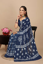 Akriti — Soft Indigo White Tree Motif Cotton Saree