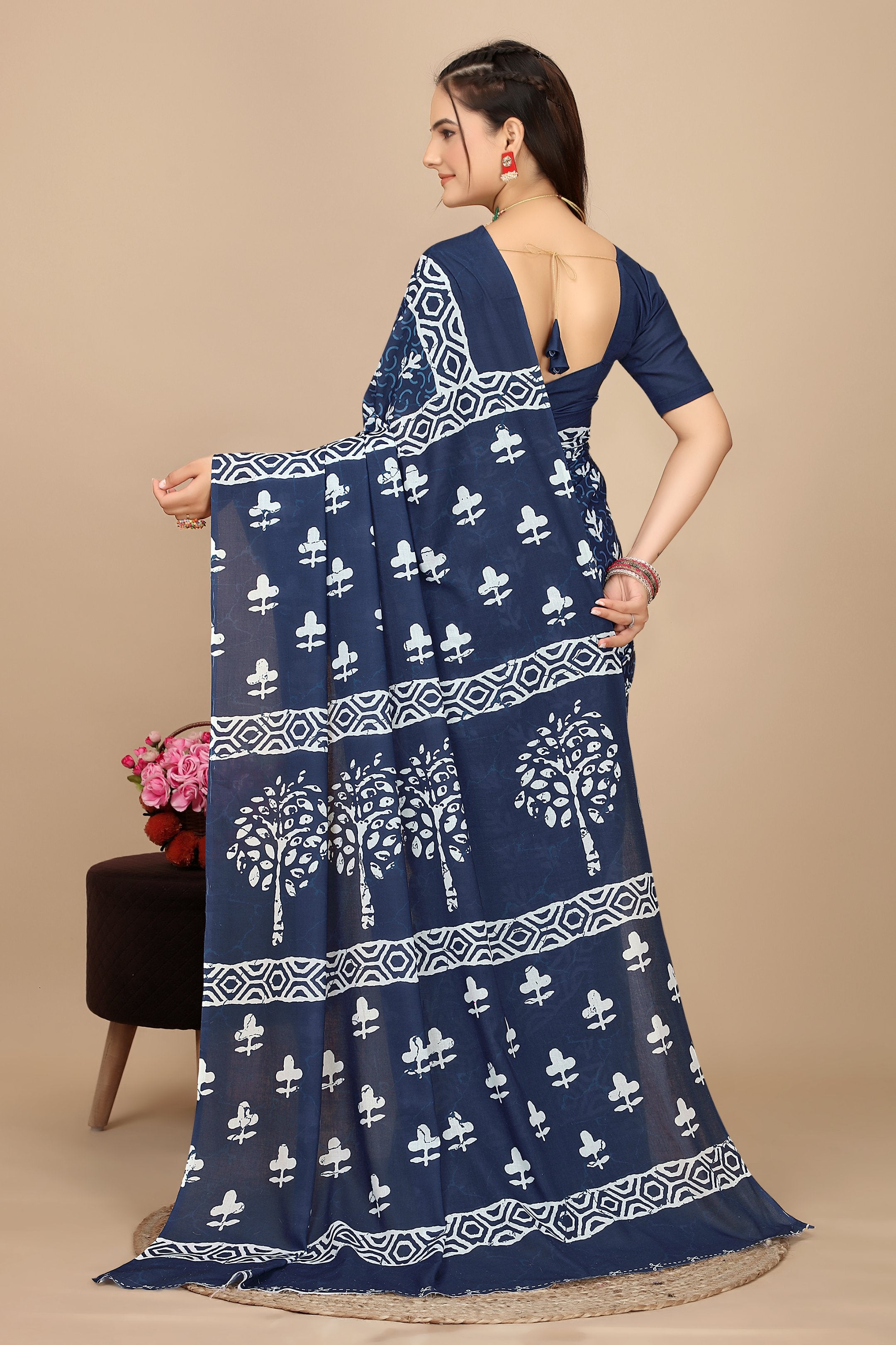 Akriti — Soft Indigo White Tree Motif Cotton Saree