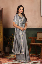 Niravi — Grey Embroidered Vichitra Silk Saree