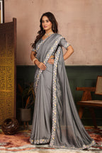 Niravi — Grey Embroidered Vichitra Silk Saree