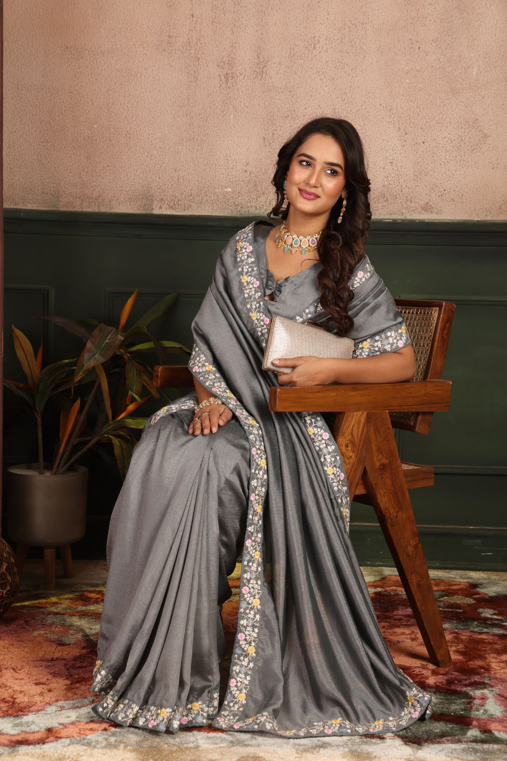 Niravi — Grey Embroidered Vichitra Silk Saree