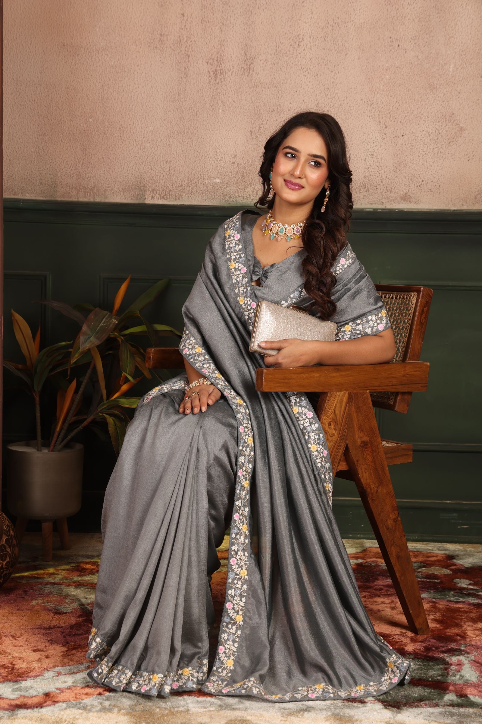 Niravi — Grey Embroidered Vichitra Silk Saree