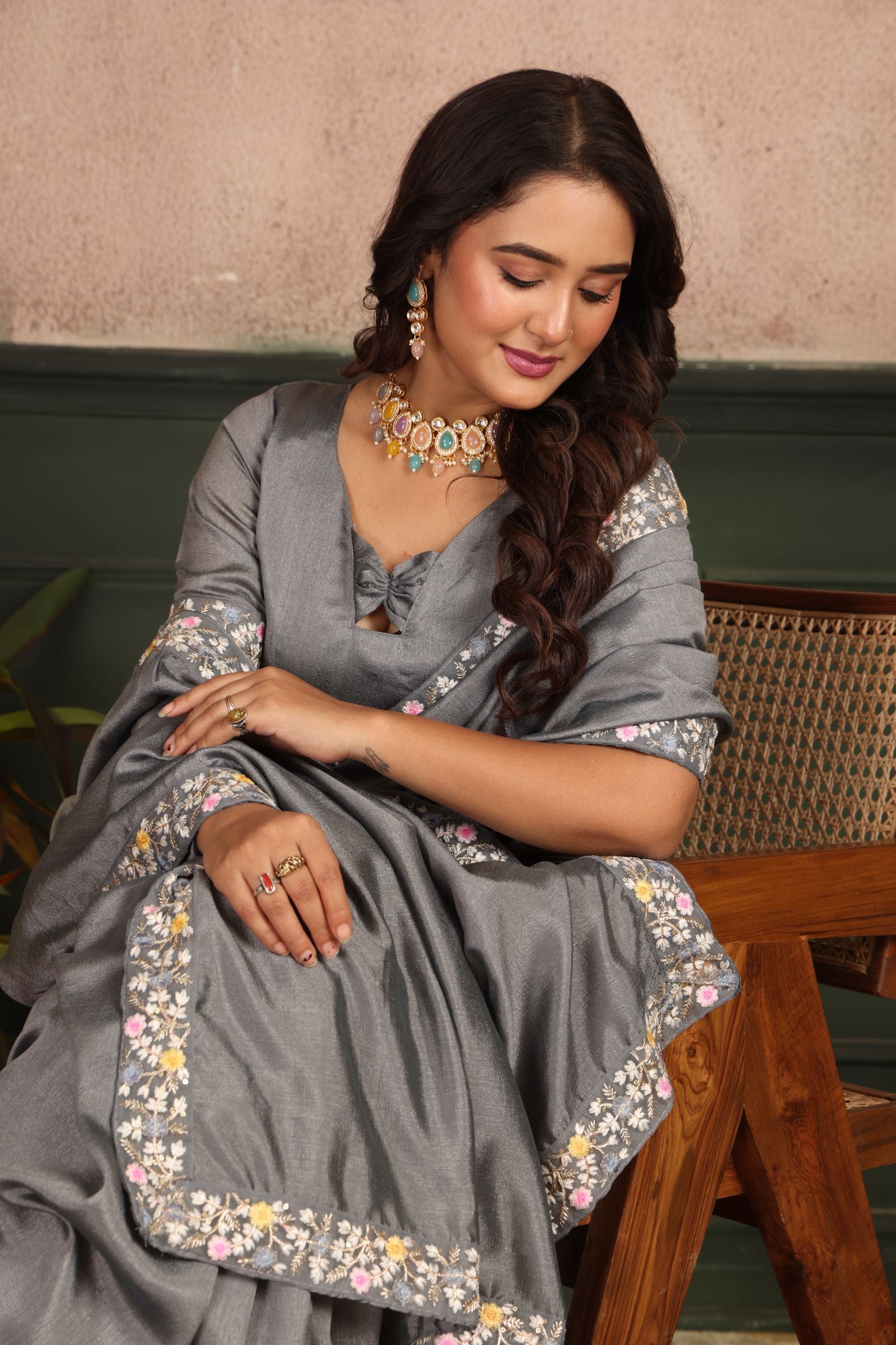 Niravi — Grey Embroidered Vichitra Silk Saree