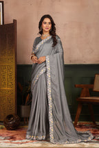 Niravi — Grey Embroidered Vichitra Silk Saree