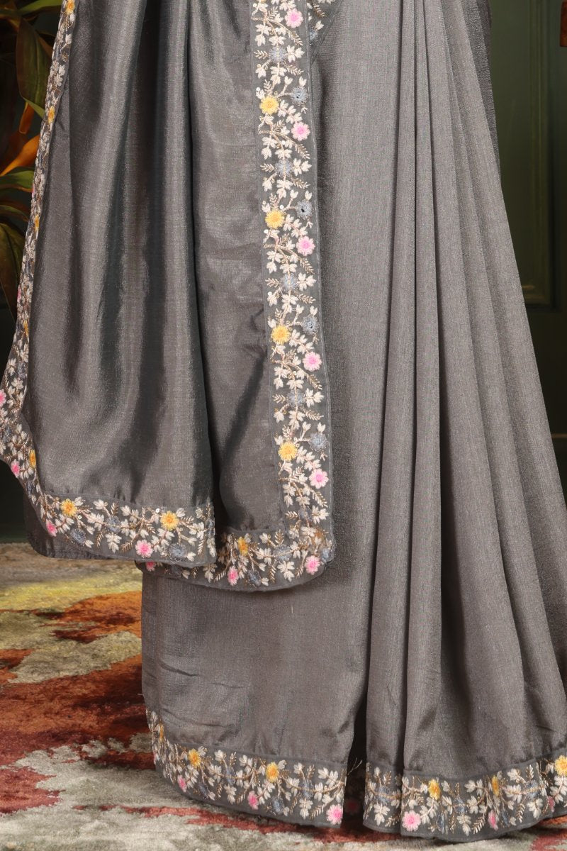 Niravi — Grey Embroidered Vichitra Silk Saree