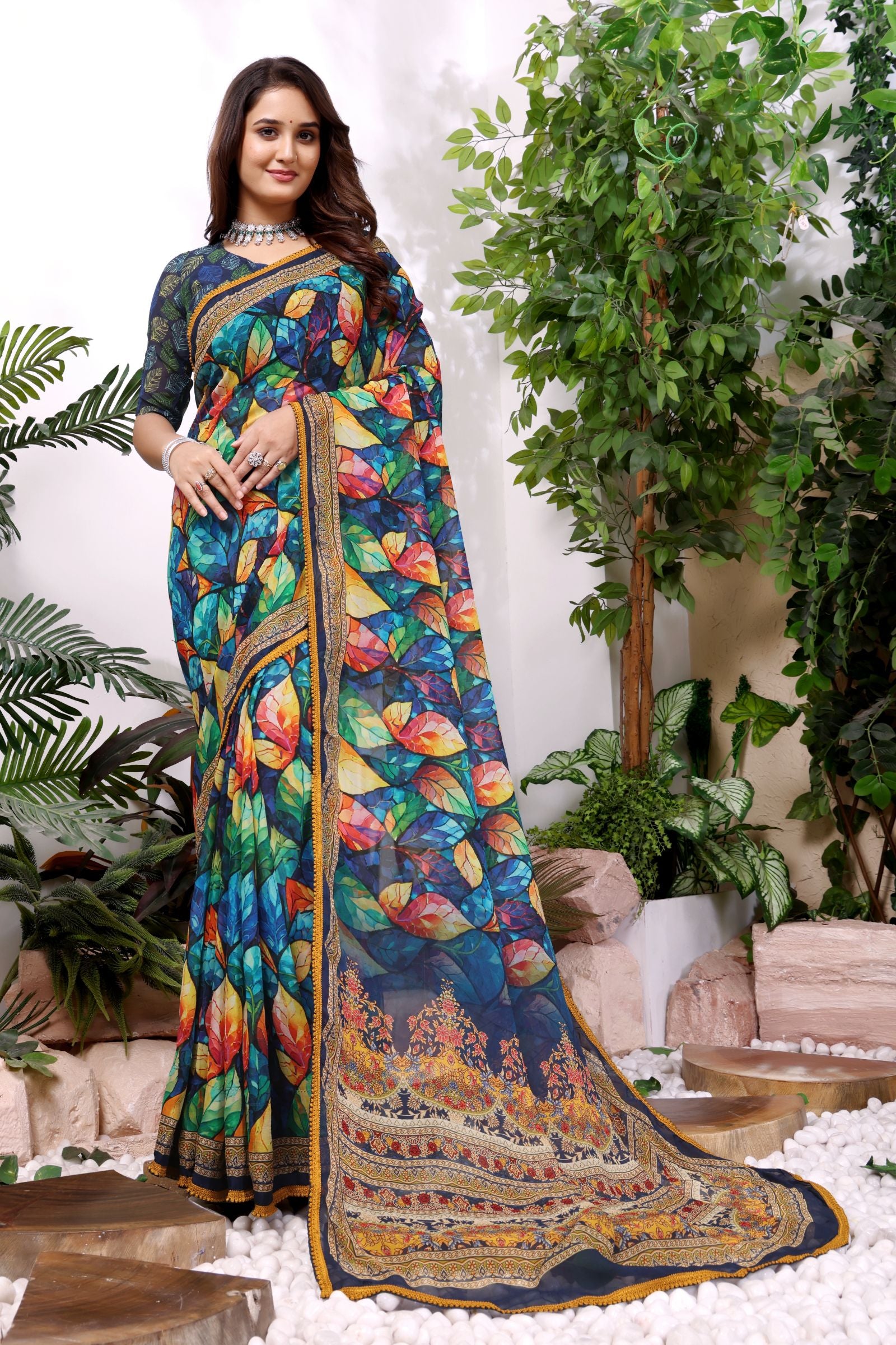 Patralekha — Multicolor Leaf Printed Georgette Saree