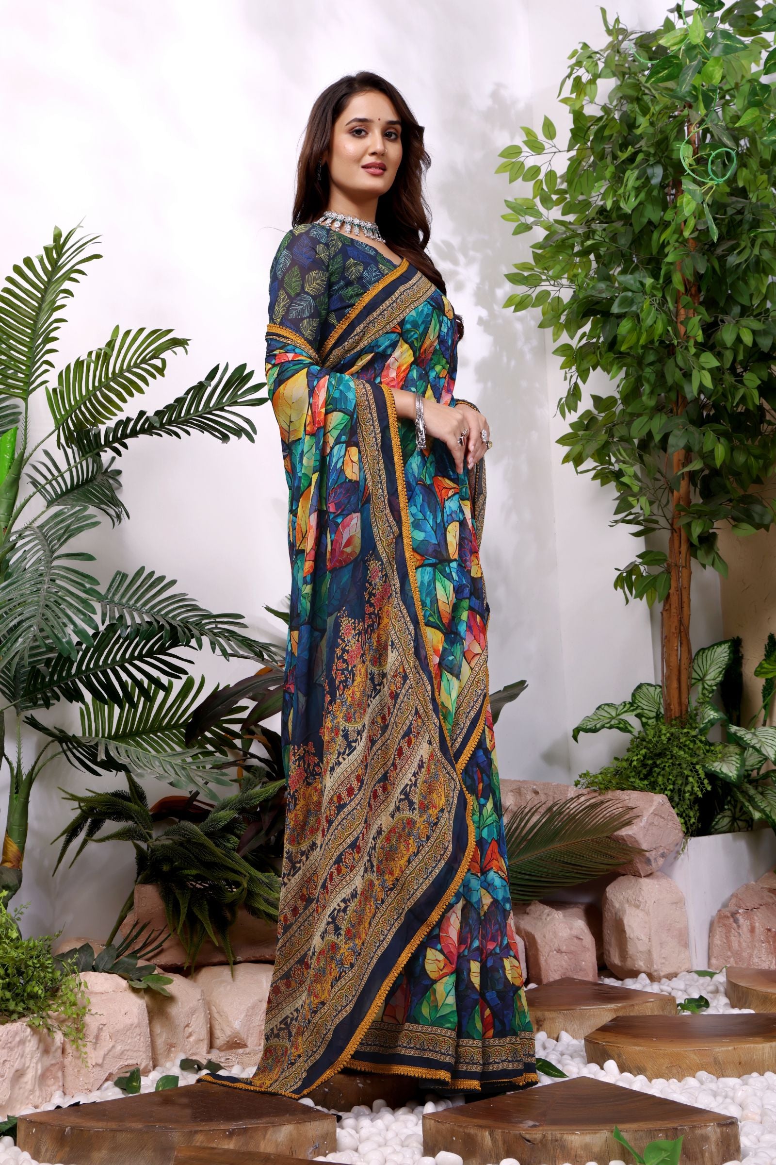 Patralekha — Multicolor Leaf Printed Georgette Saree