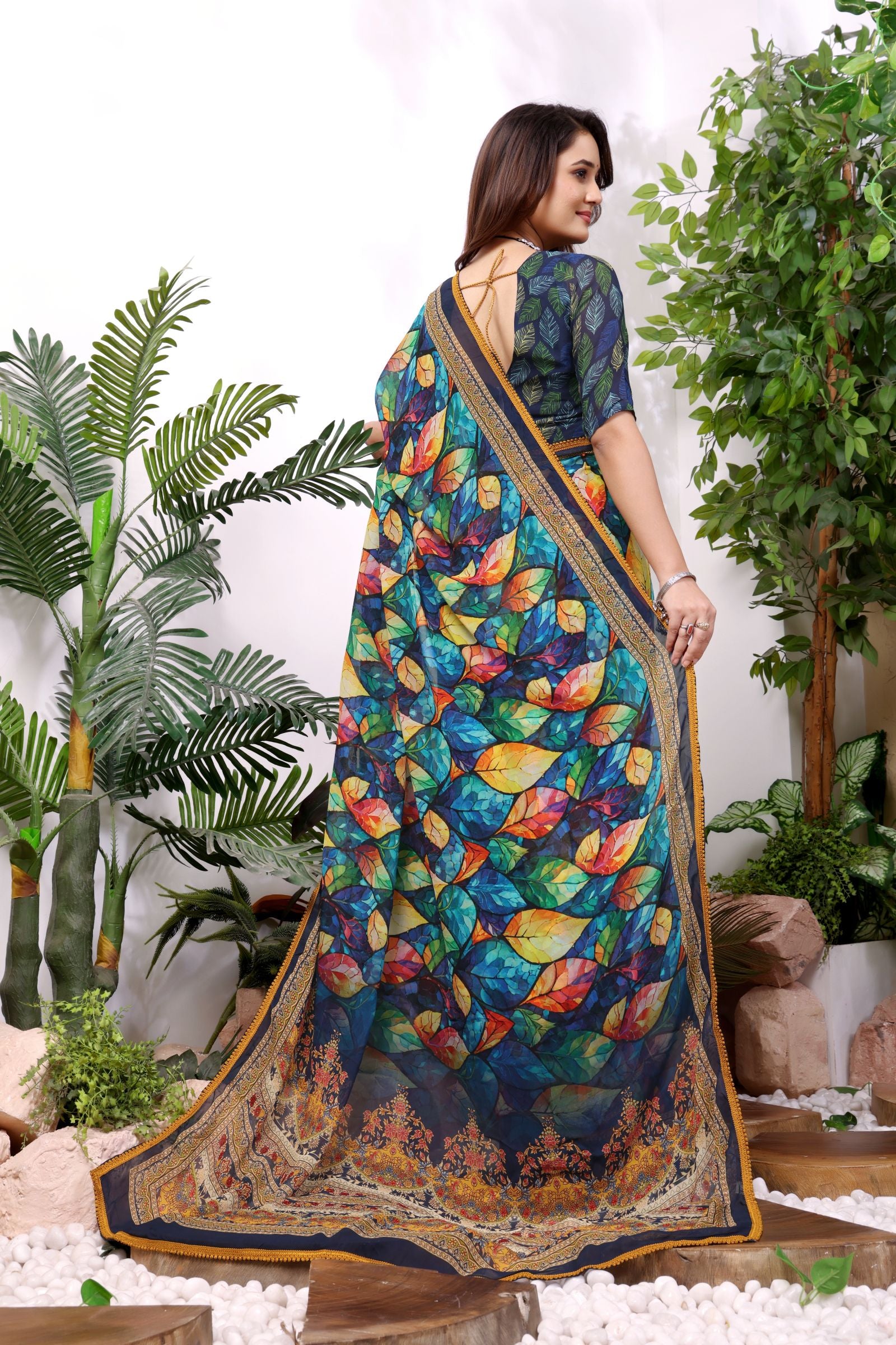 Patralekha — Multicolor Leaf Printed Georgette Saree