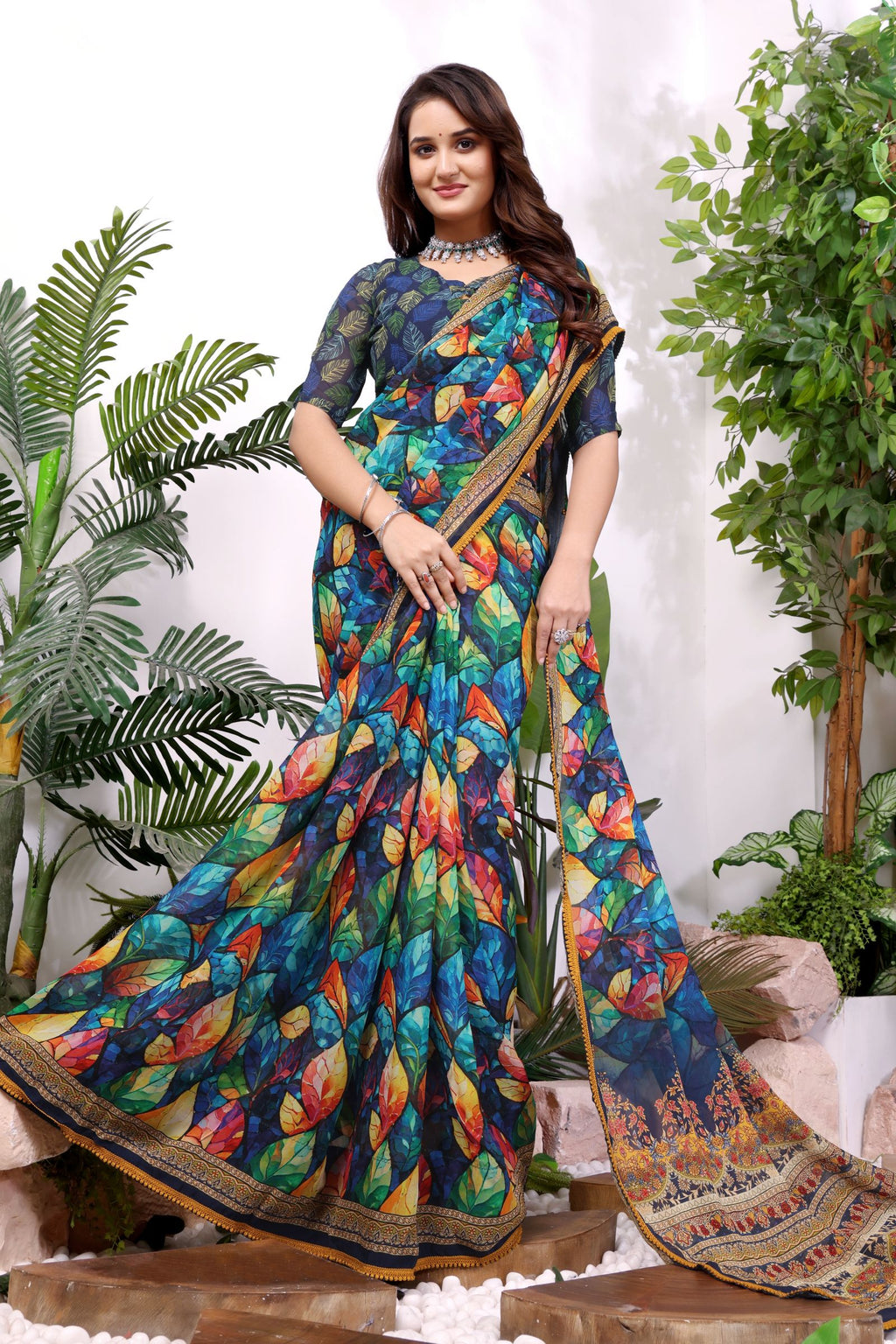 Patralekha — Multicolor Leaf Printed Georgette Saree