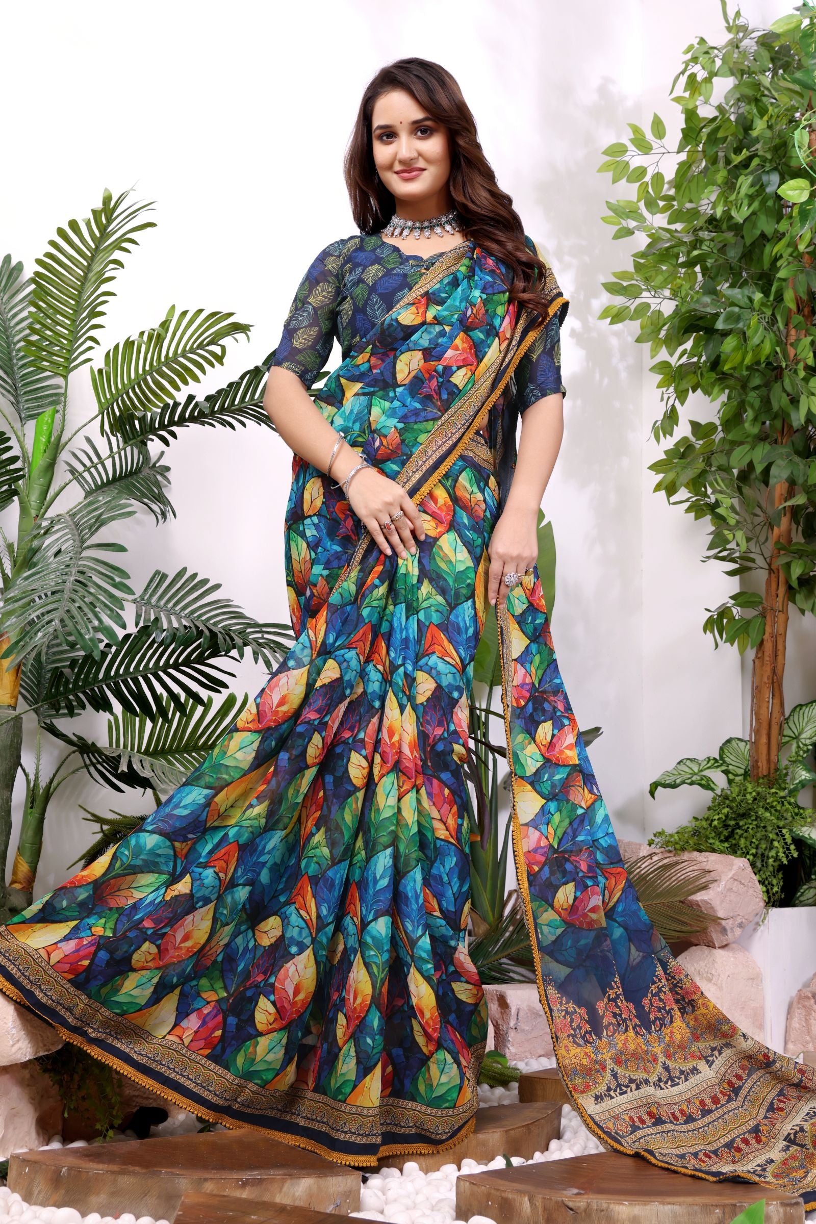 Patralekha — Multicolor Leaf Printed Georgette Saree