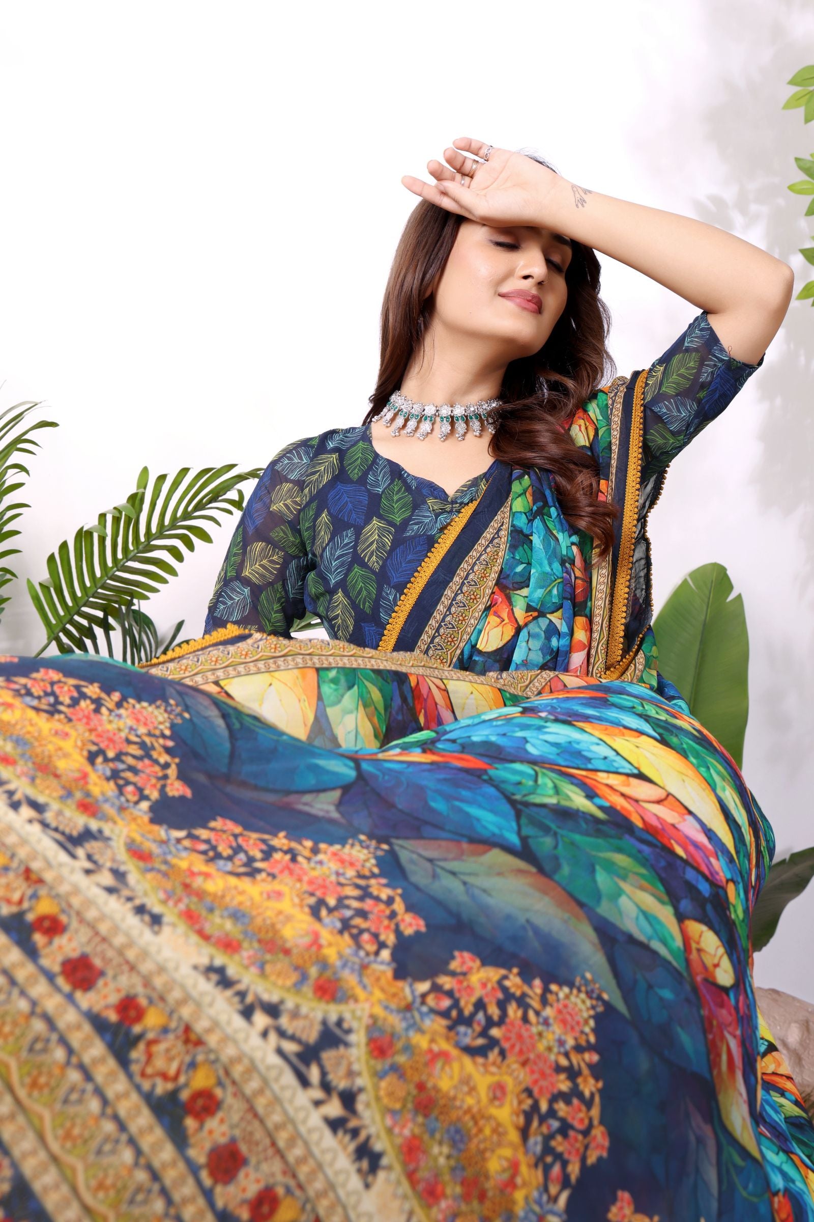 Patralekha — Multicolor Leaf Printed Georgette Saree