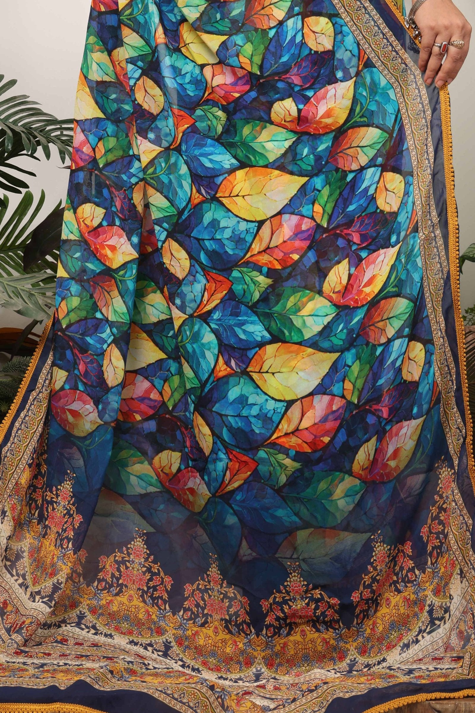 Patralekha — Multicolor Leaf Printed Georgette Saree