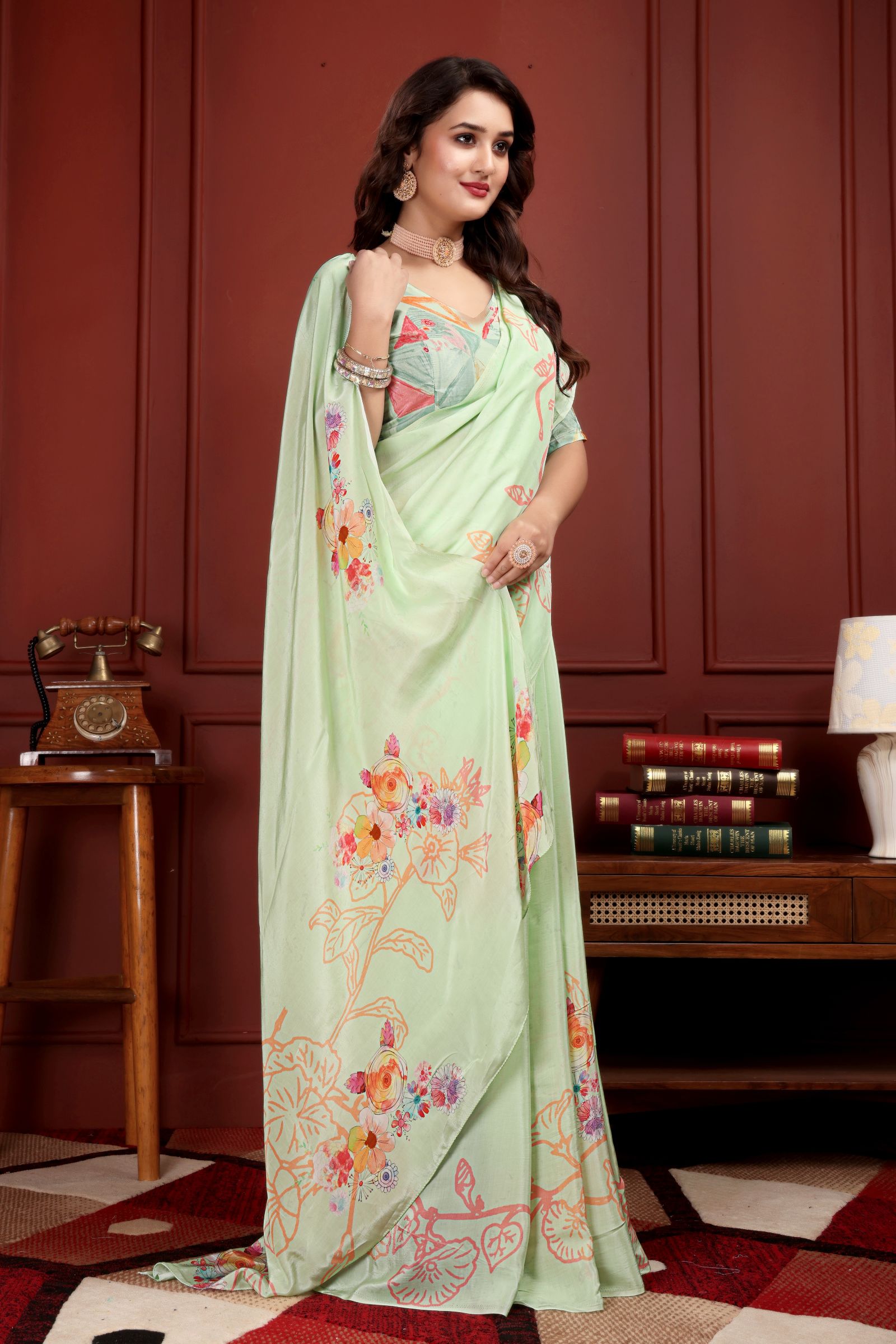 Kumudini — Pista Green Liva Floral Artistic Saree